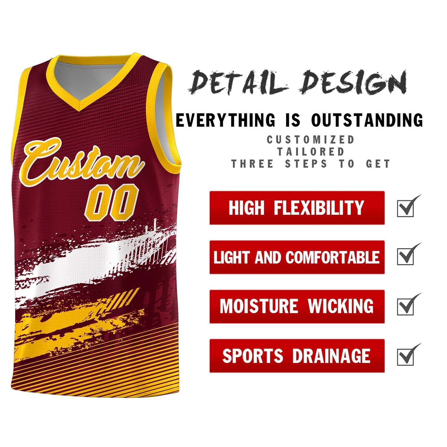 Custom Crimson White and Yellow Graffiti Pattern Sports Uniform Basketball Jersey Limited