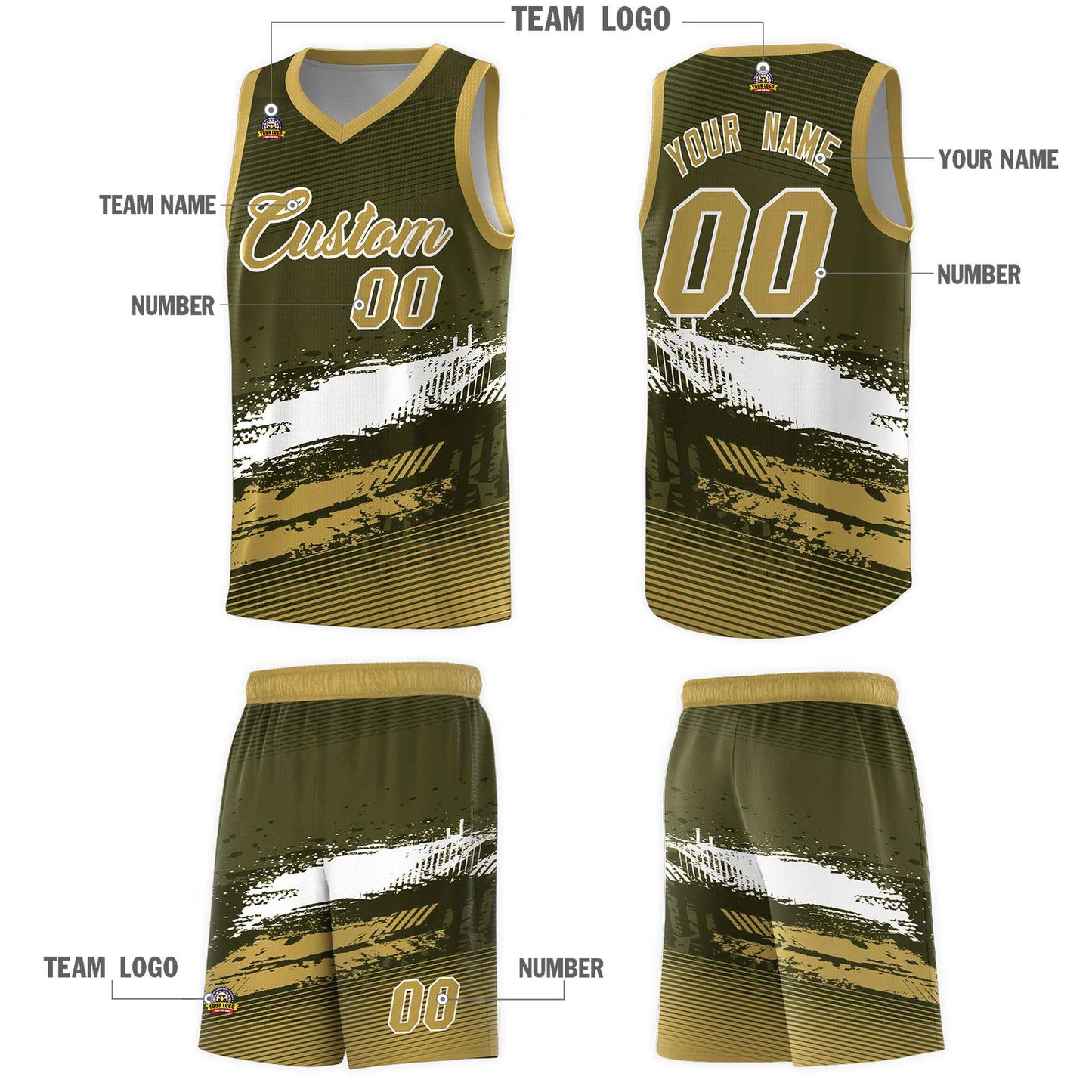 Custom Olive White and Khaki Graffiti Pattern Sports Uniform Basketball Jersey Limited