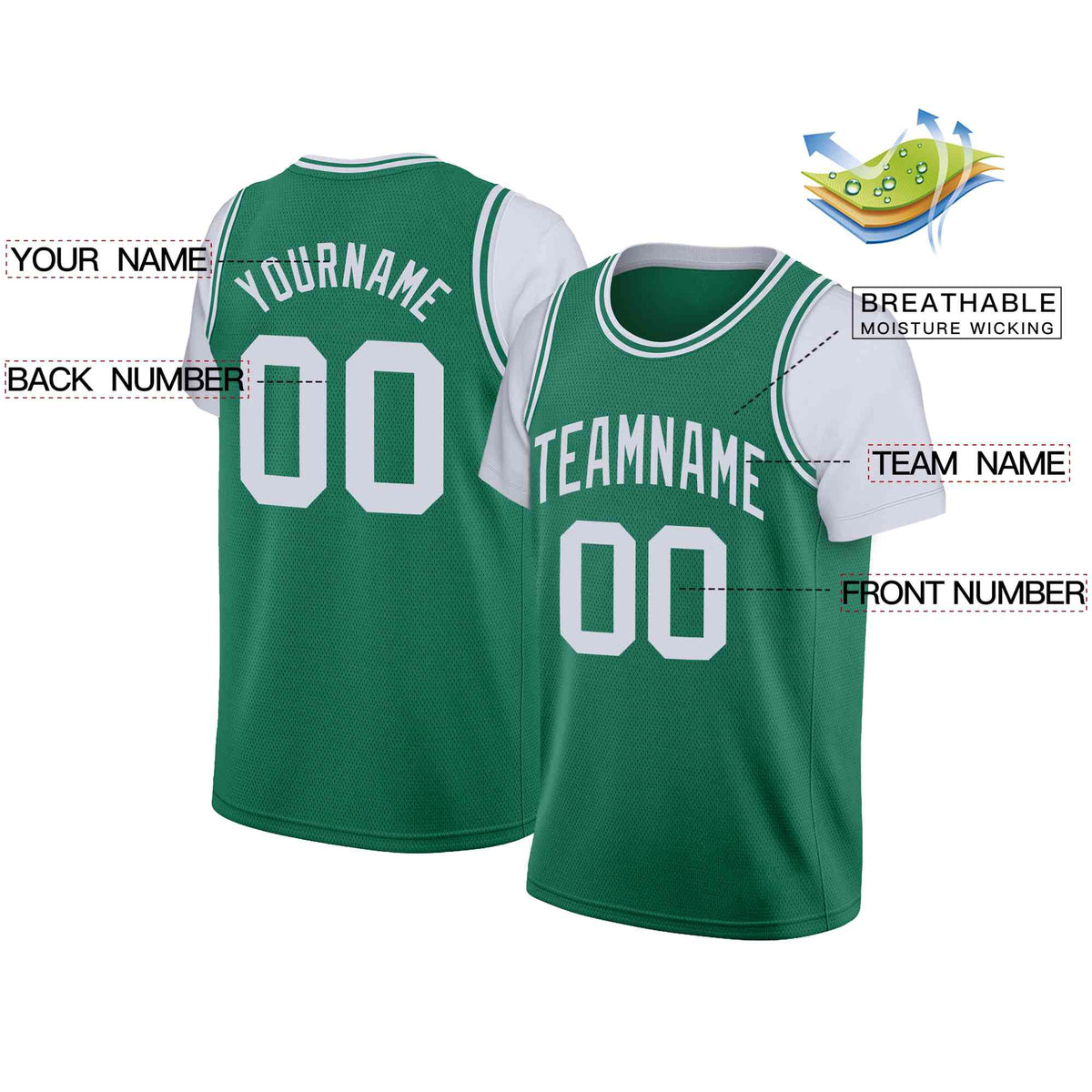 Custom Green WhiteClassic Tops Casual Fake Sleeve Basketball Jersey Limited