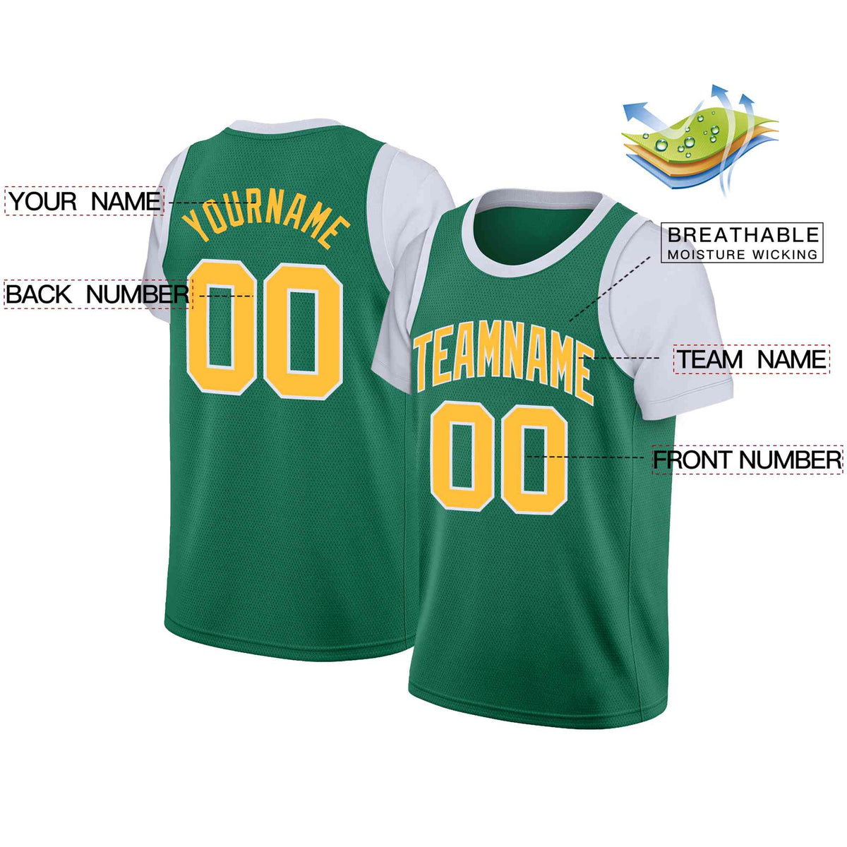 Custom Green Yellow-White Classic Tops Casual Fake Sleeve Basketball Jersey Limited
