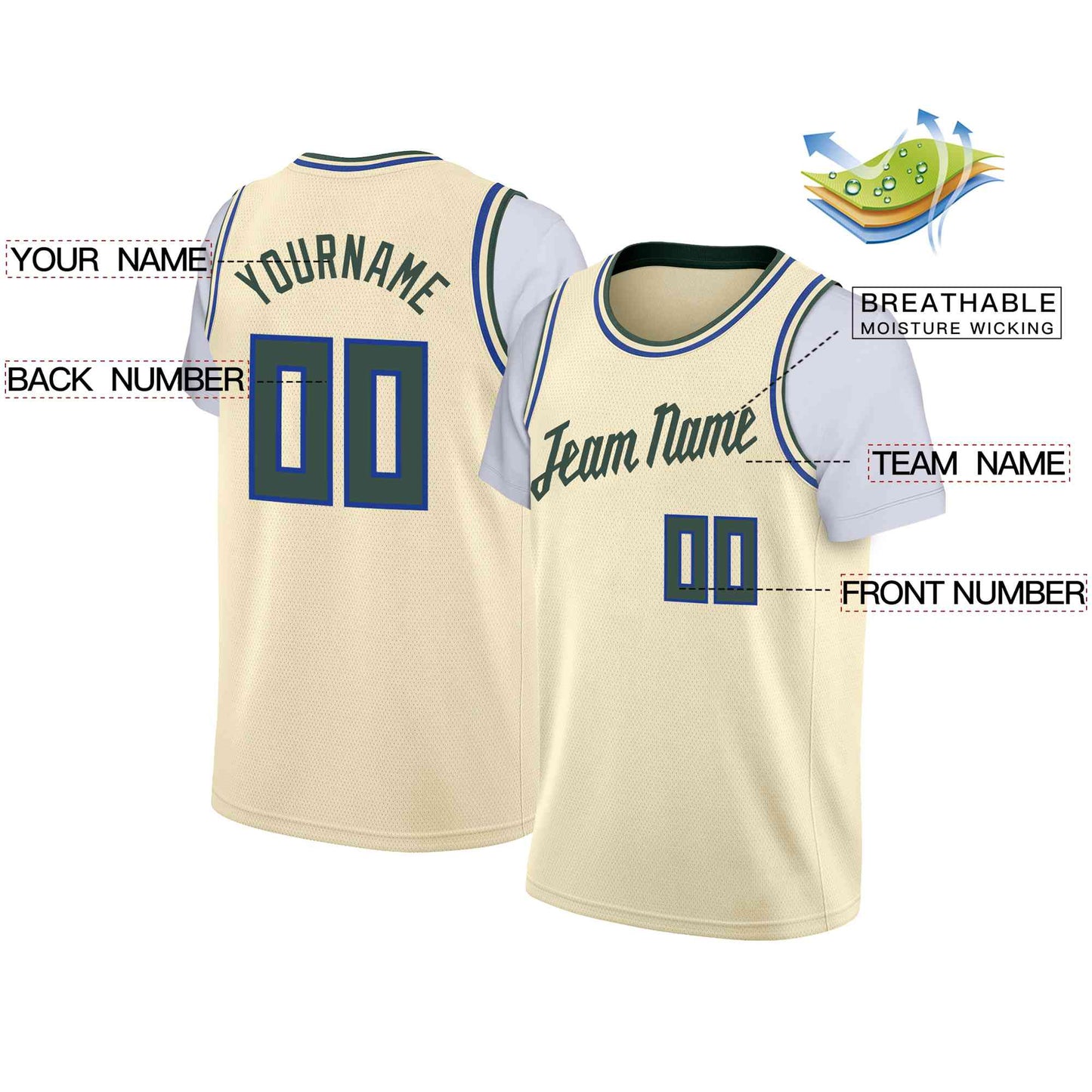 Custom Cream Hunter Green Classic Tops Casual Fake Sleeve Basketball Jersey Limited