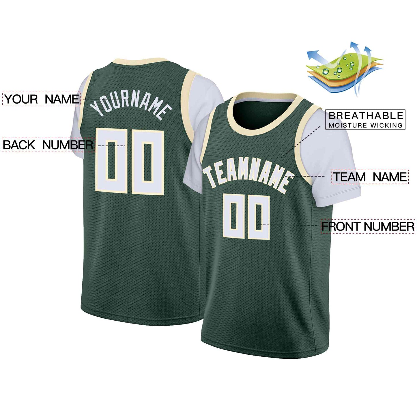 Custom Hunter Green White-Cream Classic Tops Casual Fake Sleeve Basketball Jersey Limited