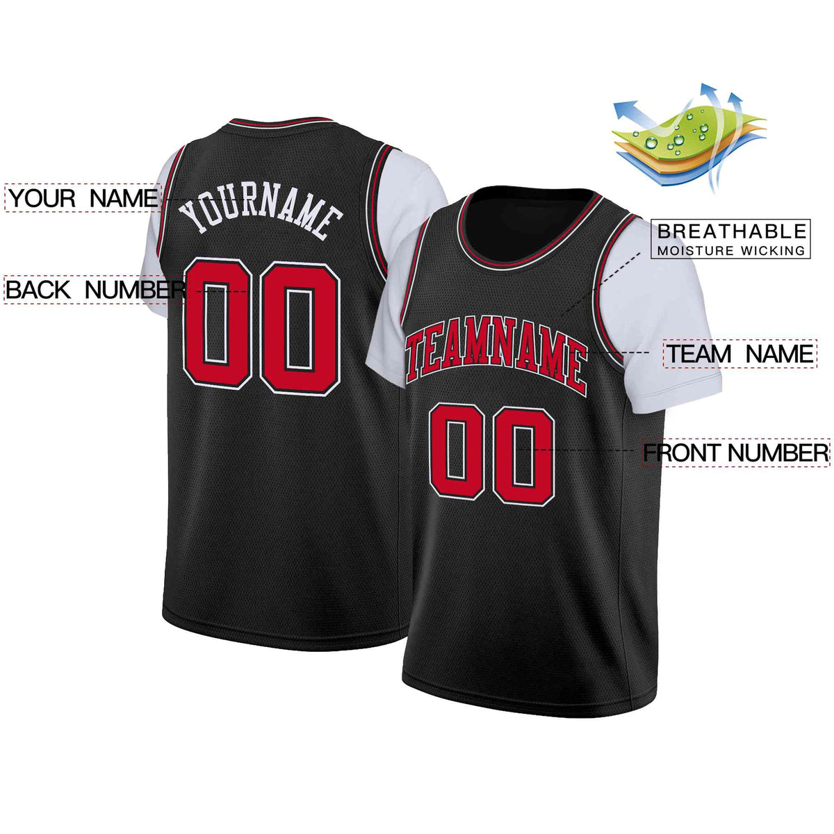Custom Black Red-Black Classic Tops Casual Fake Sleeve Basketball Jersey Limited