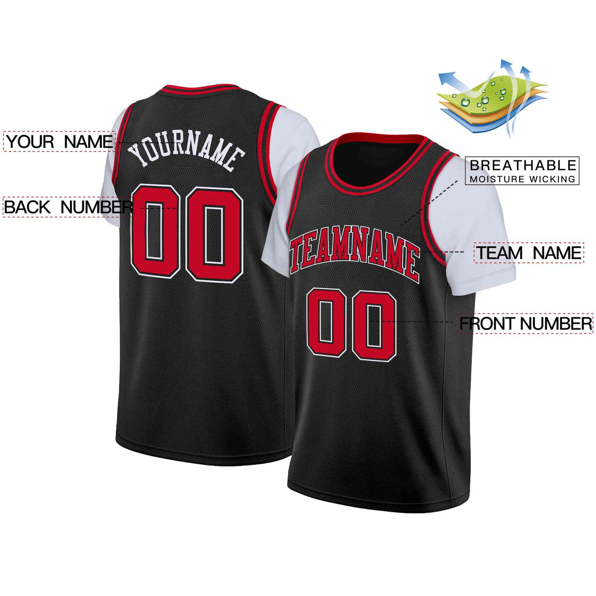 Custom Black Red-Black Classic Tops Casual Fake Sleeve Basketball Jersey Limited