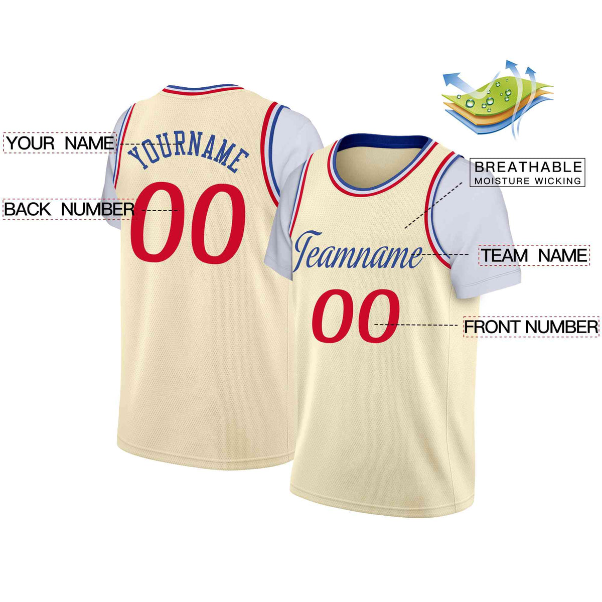 Custom Cream BlueClassic Tops Casual Fake Sleeve Basketball Jersey Limited