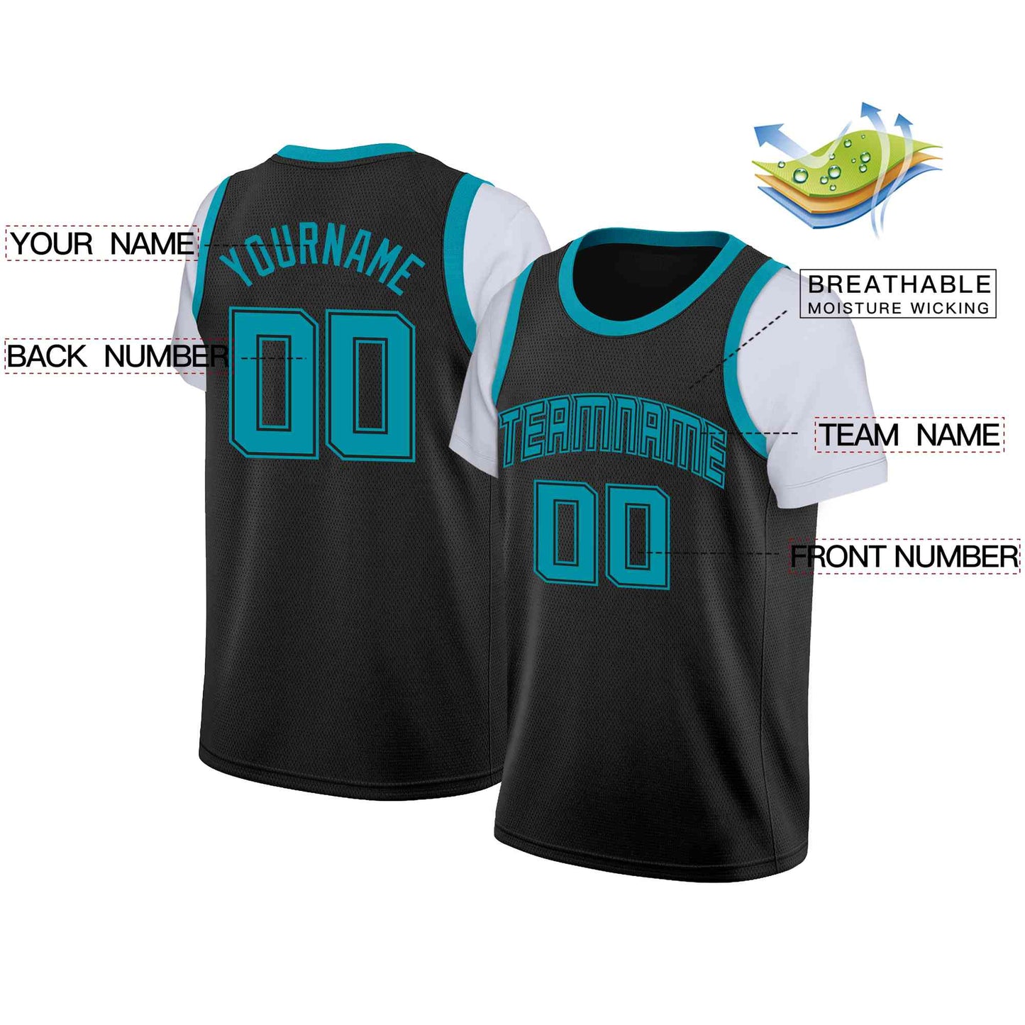 Custom Black Teal-Black Classic Tops Casual Fake Sleeve Basketball Jersey Limited