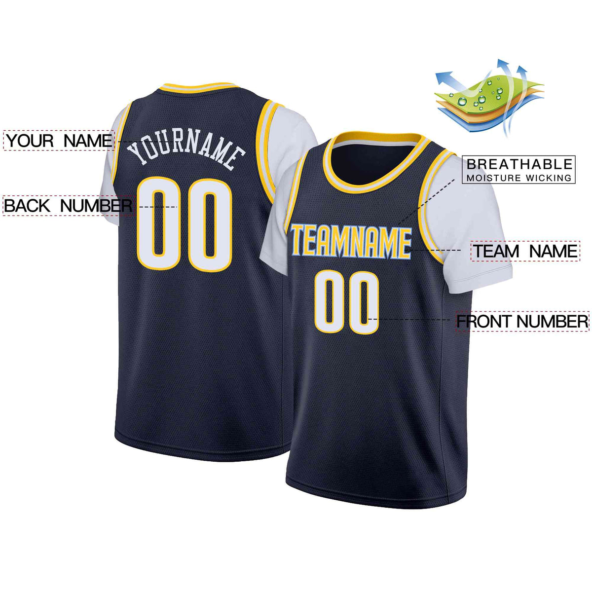 Custom Navy Yellow-Light Blue Classic Tops Casual Fake Sleeve Basketball Jersey Limited