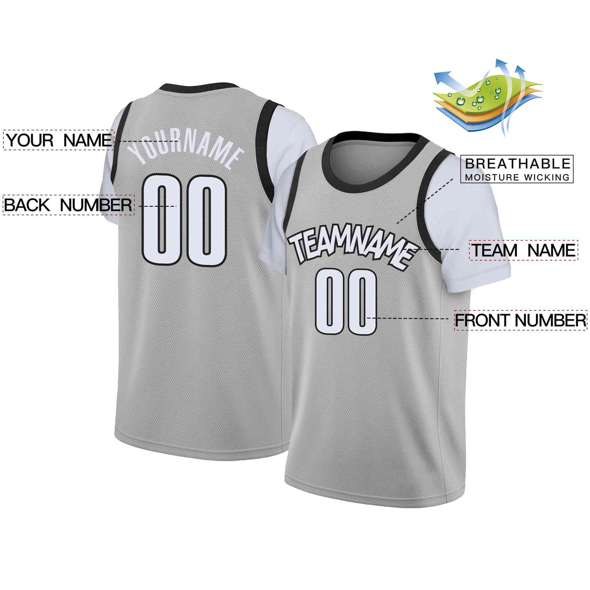 Custom Gray White-Black Classic Tops Casual Fake Sleeve Basketball Jersey Limited