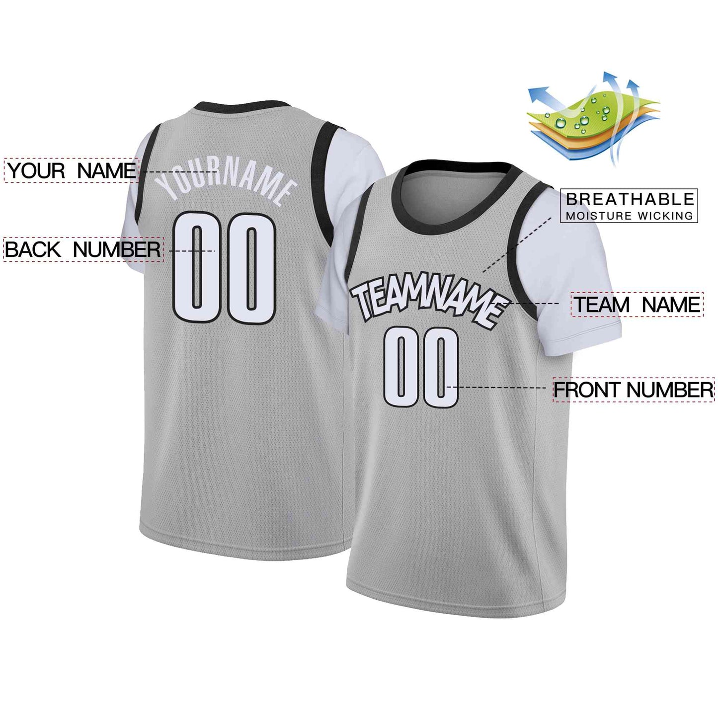 Custom Gray White-Black Classic Tops Casual Fake Sleeve Basketball Jersey Limited