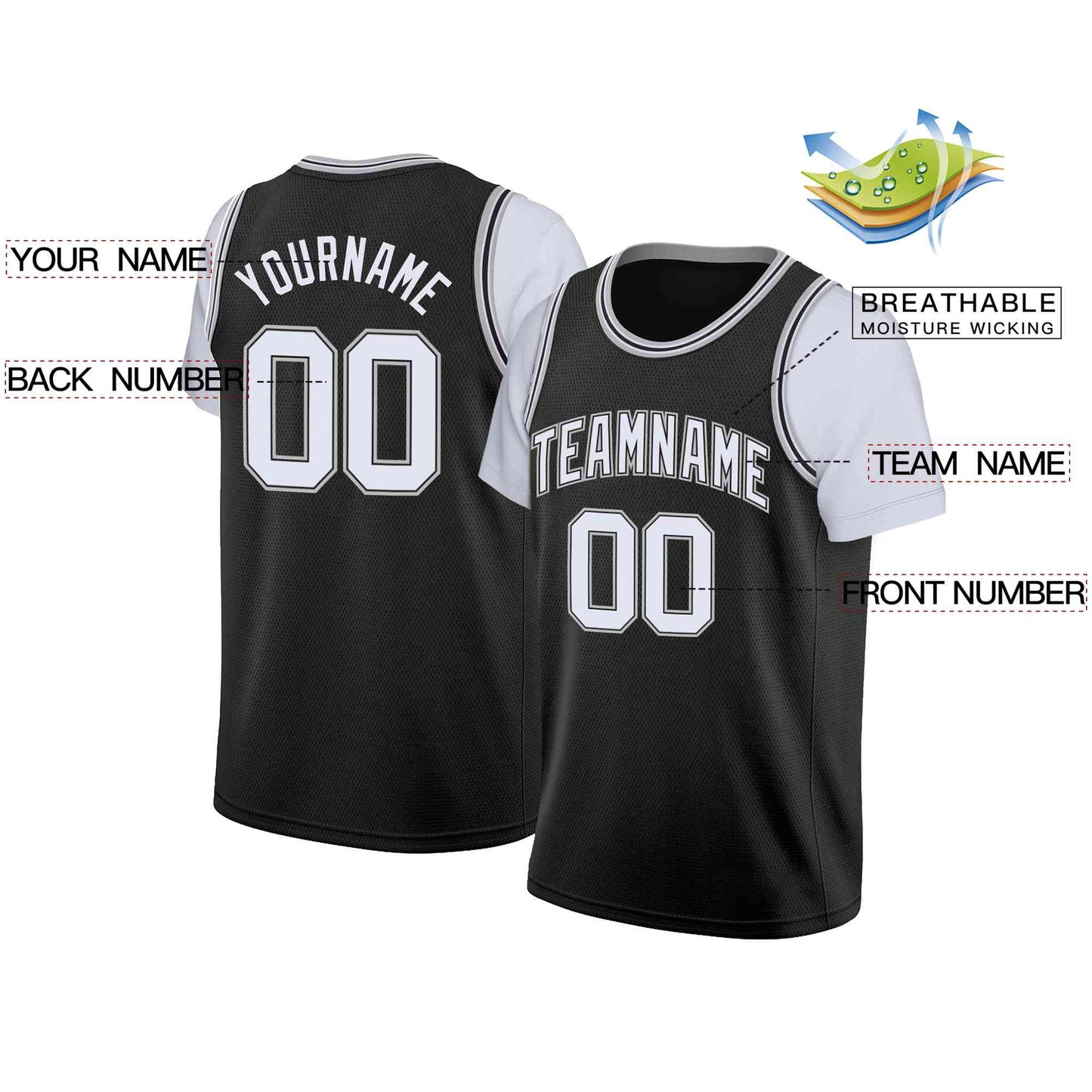Custom Black White-Gray Classic Tops Casual Fake Sleeve Basketball Jersey Limited