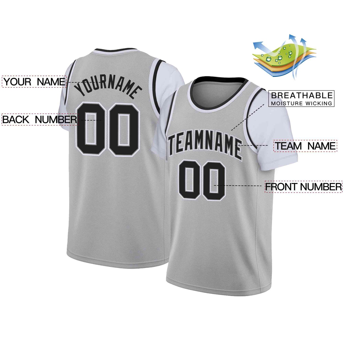 Custom Gray Black-White Classic Tops Casual Fake Sleeve Basketball Jersey Limited