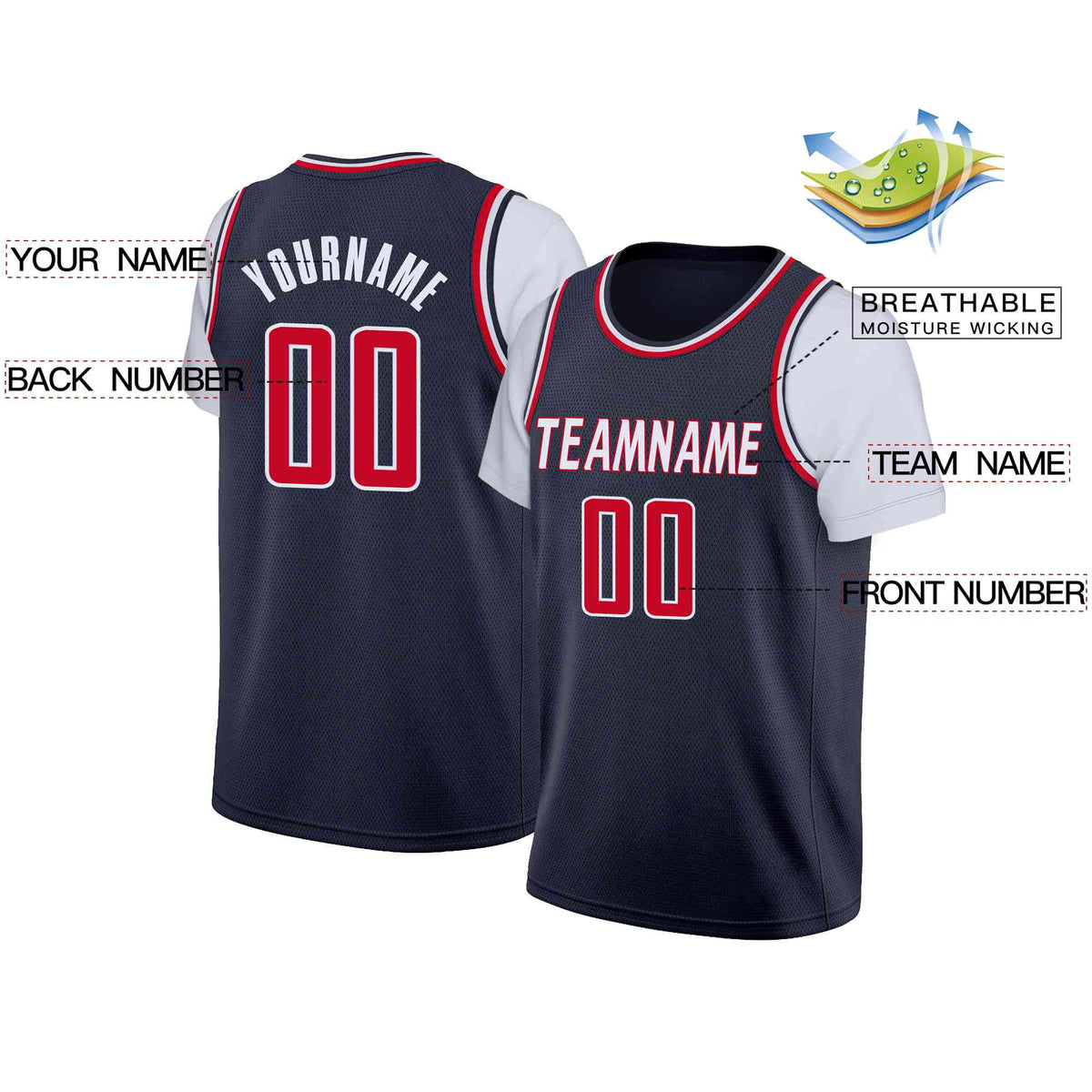 Custom Navy White-Red Classic Tops Casual Fake Sleeve Basketball Jersey Limited