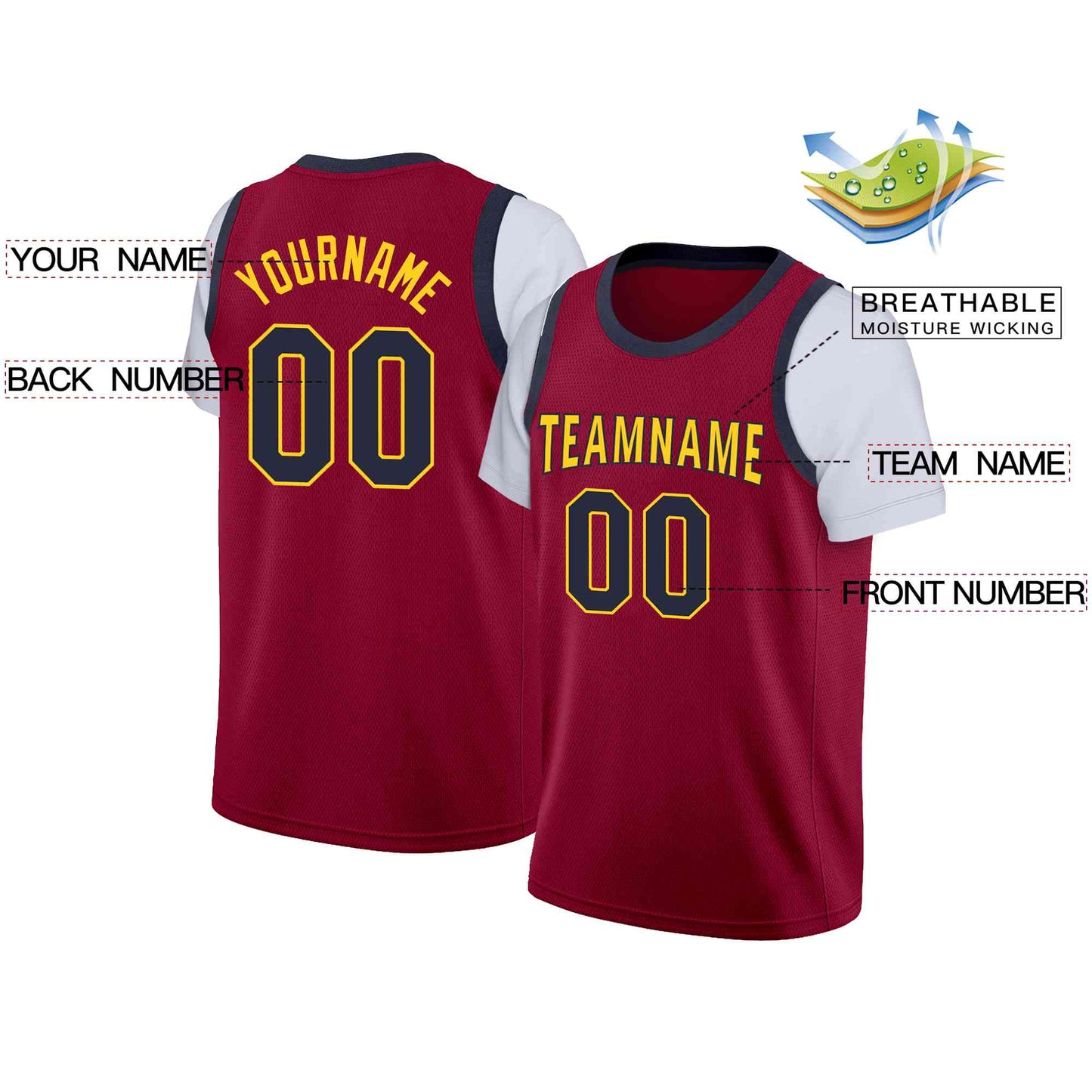 Custom Maroon Yellow-Navy Classic Tops Casual Fake Sleeve Basketball Jersey Limited