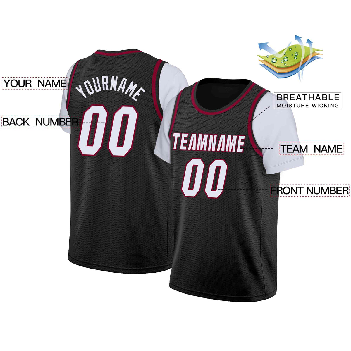 Custom Black White-Maroon Classic Tops Casual Fake Sleeve Basketball Jersey Limited