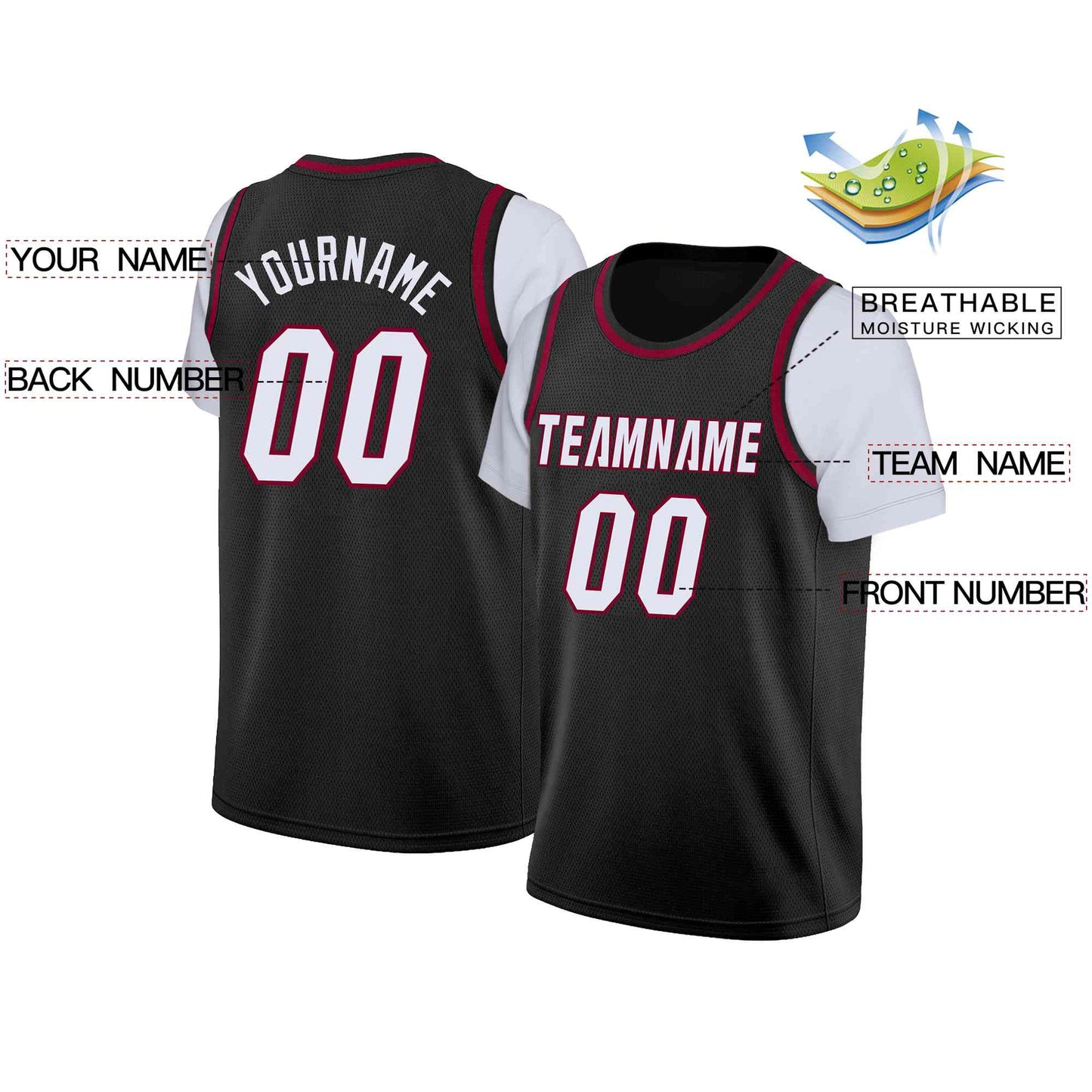 Custom Black White-Maroon Classic Tops Casual Fake Sleeve Basketball Jersey Limited