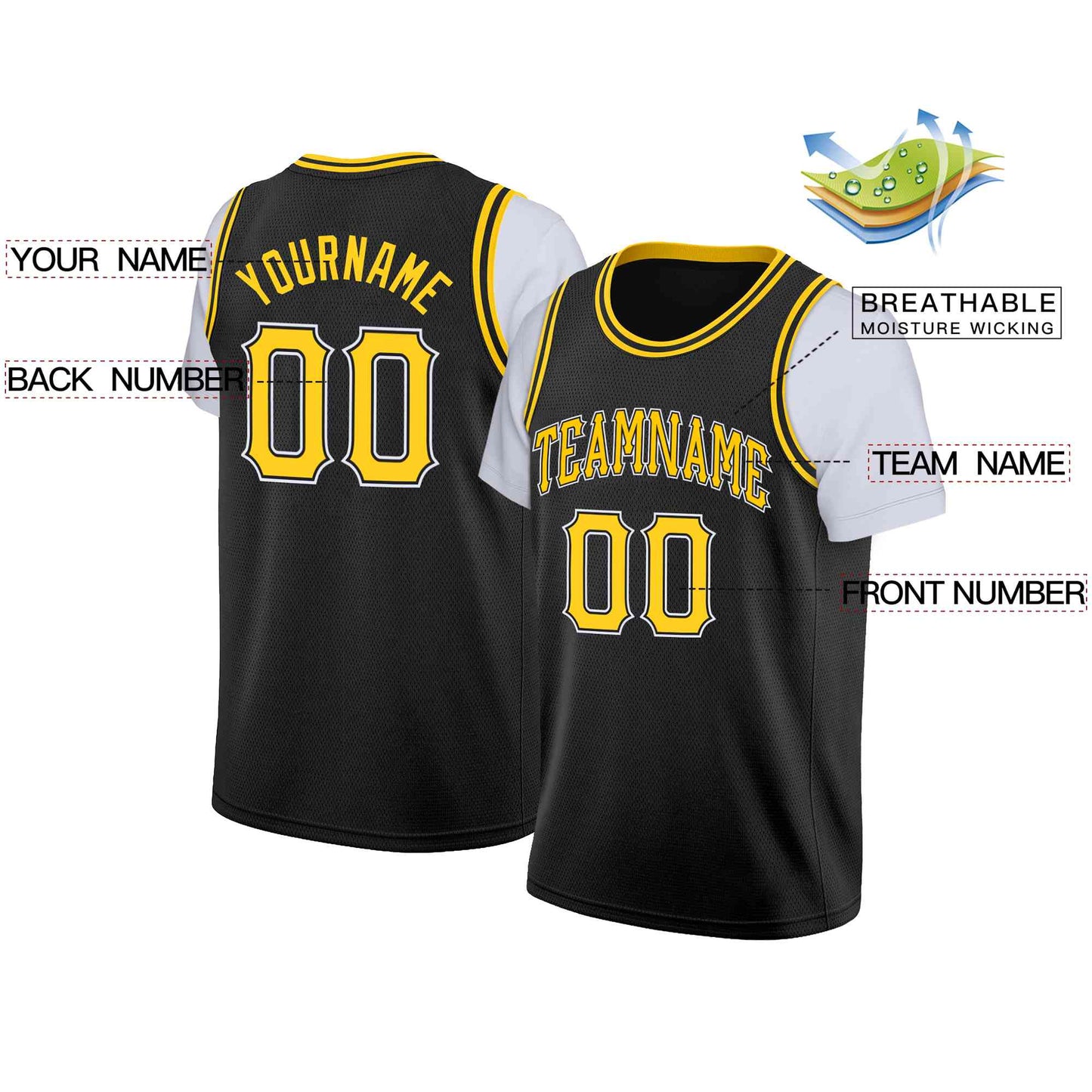 Custom Black Yellow-Black Classic Tops Casual Fake Sleeve Basketball Jersey Limited