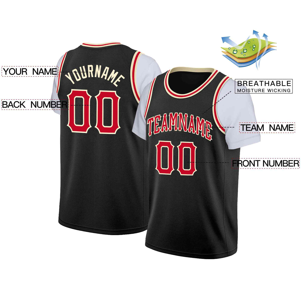 Custom Black Red-Cream Classic Tops Casual Fake Sleeve Basketball Jersey Limited