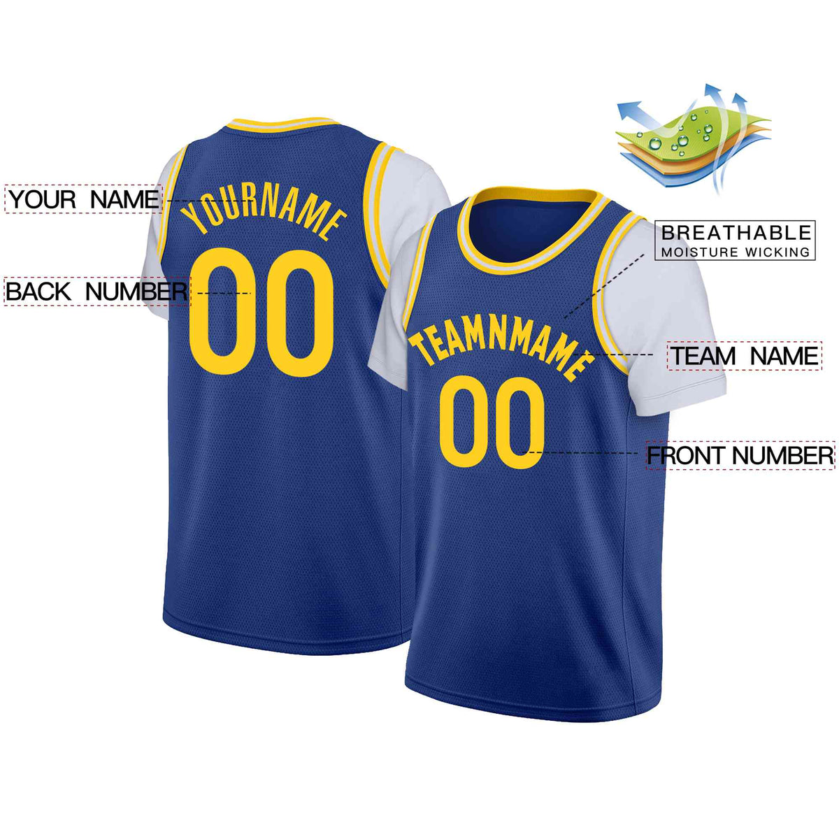 Custom Blue Yellow Classic Tops Casual Fake Sleeve Basketball Jersey Limited