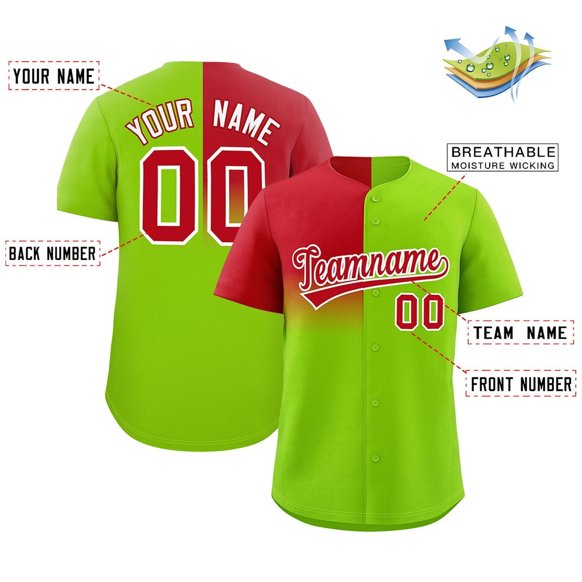 Custom Neon Green Red Personalized Half Gradient Design Authentic Baseball Jersey Limited