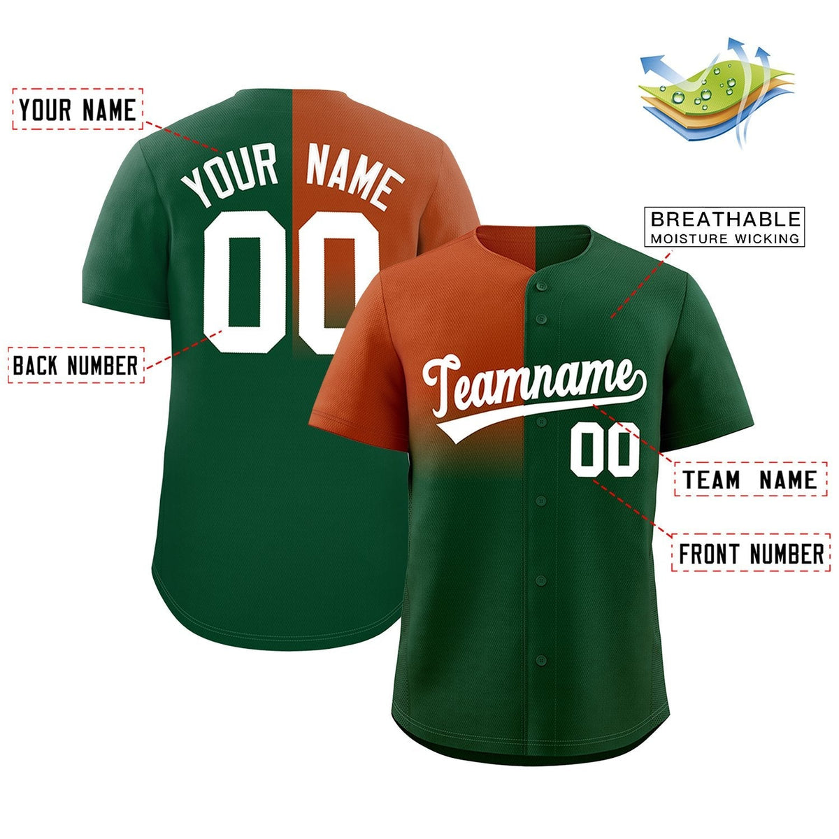 Custom Green Texas Orange Personalized Half Gradient Design Authentic Baseball Jersey Limited