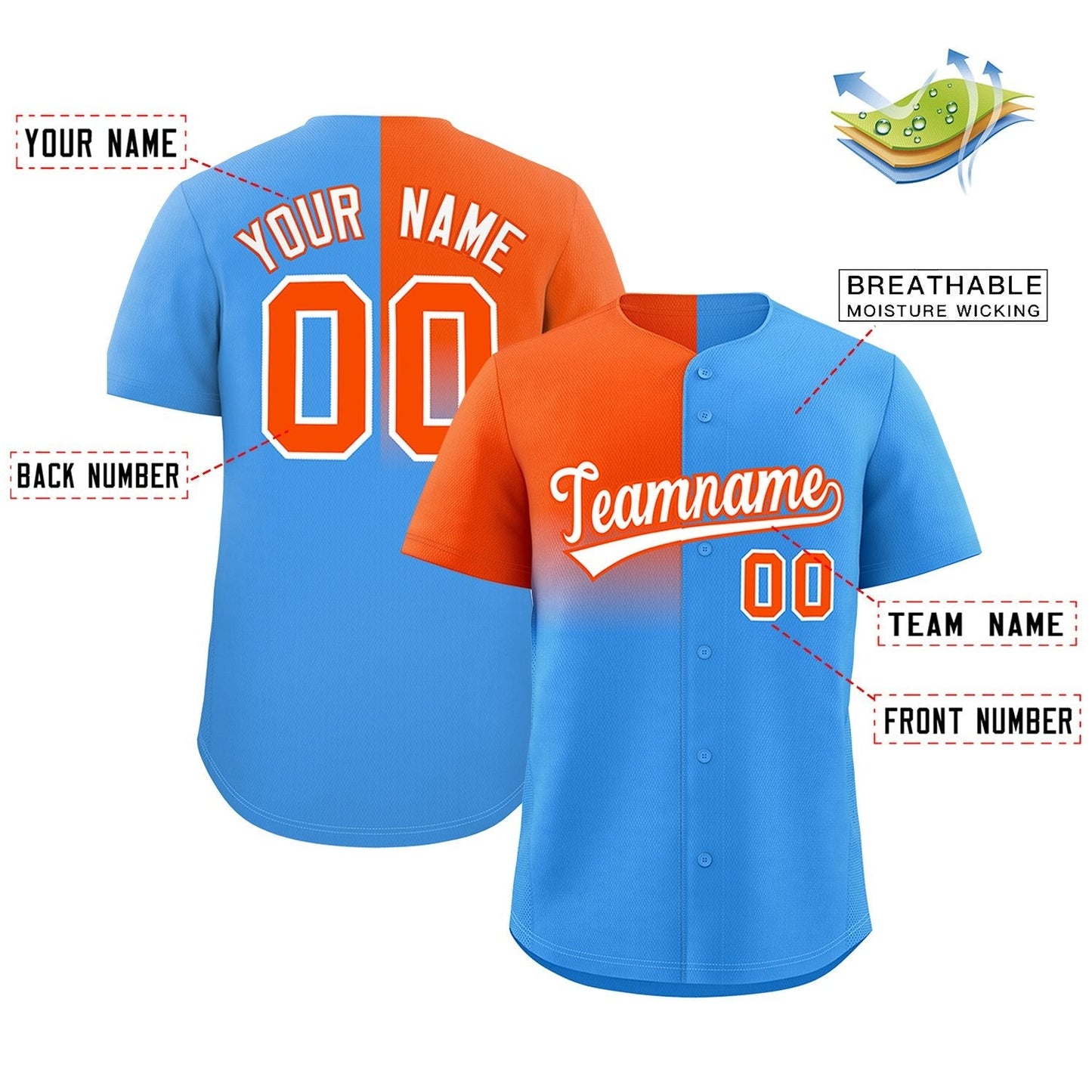 Custom Powder Blue Orange Personalized Half Gradient Design Authentic Baseball Jersey Limited