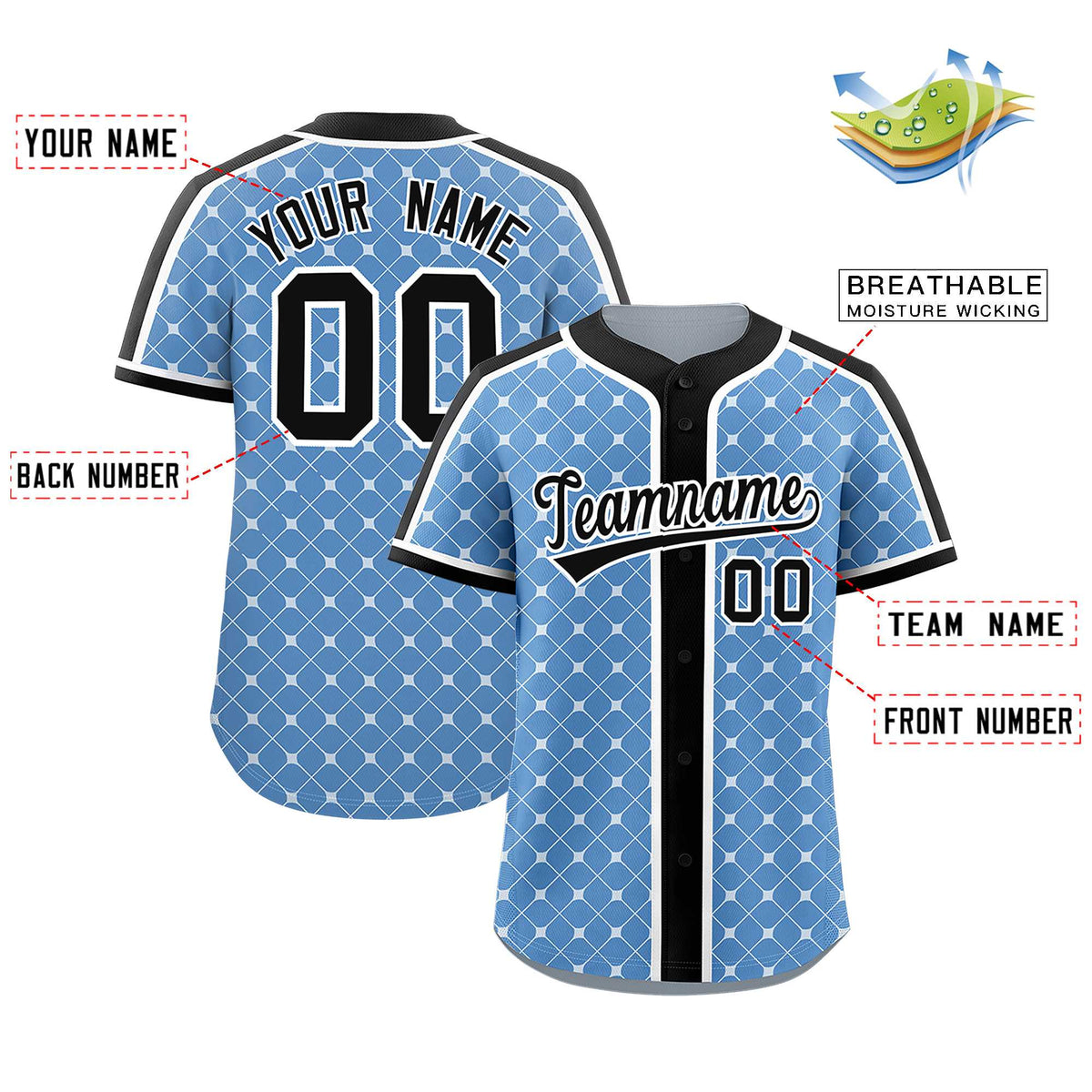 Custom Light Blue Black-White Personalized Plaid Design Authentic Baseball Jersey Limited