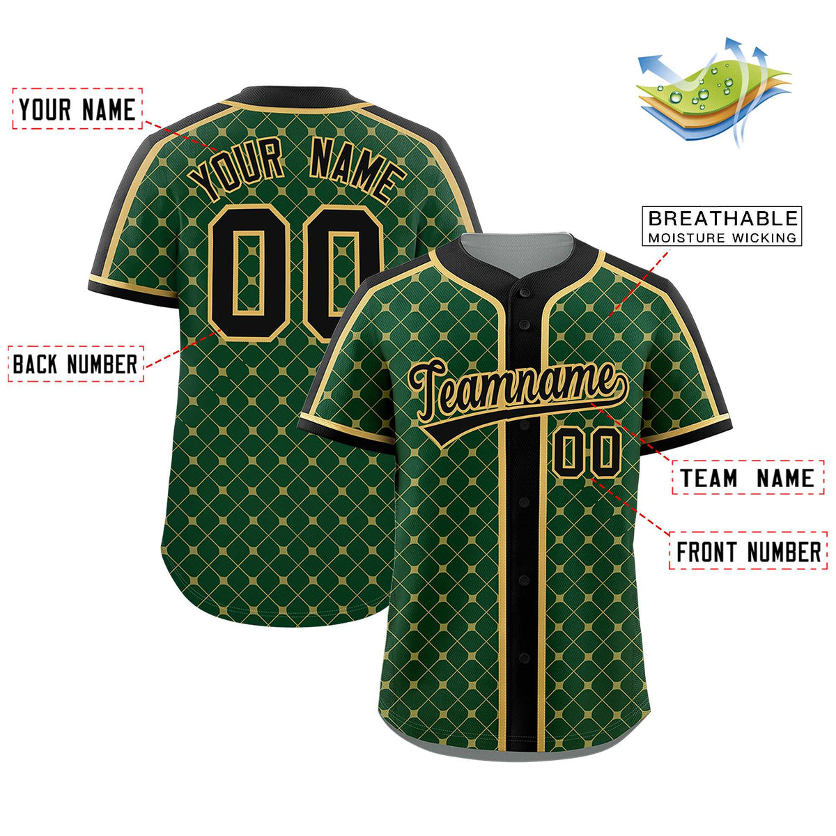 Custom Green Black-Old Gold Personalized Plaid Design Authentic Baseball Jersey Limited