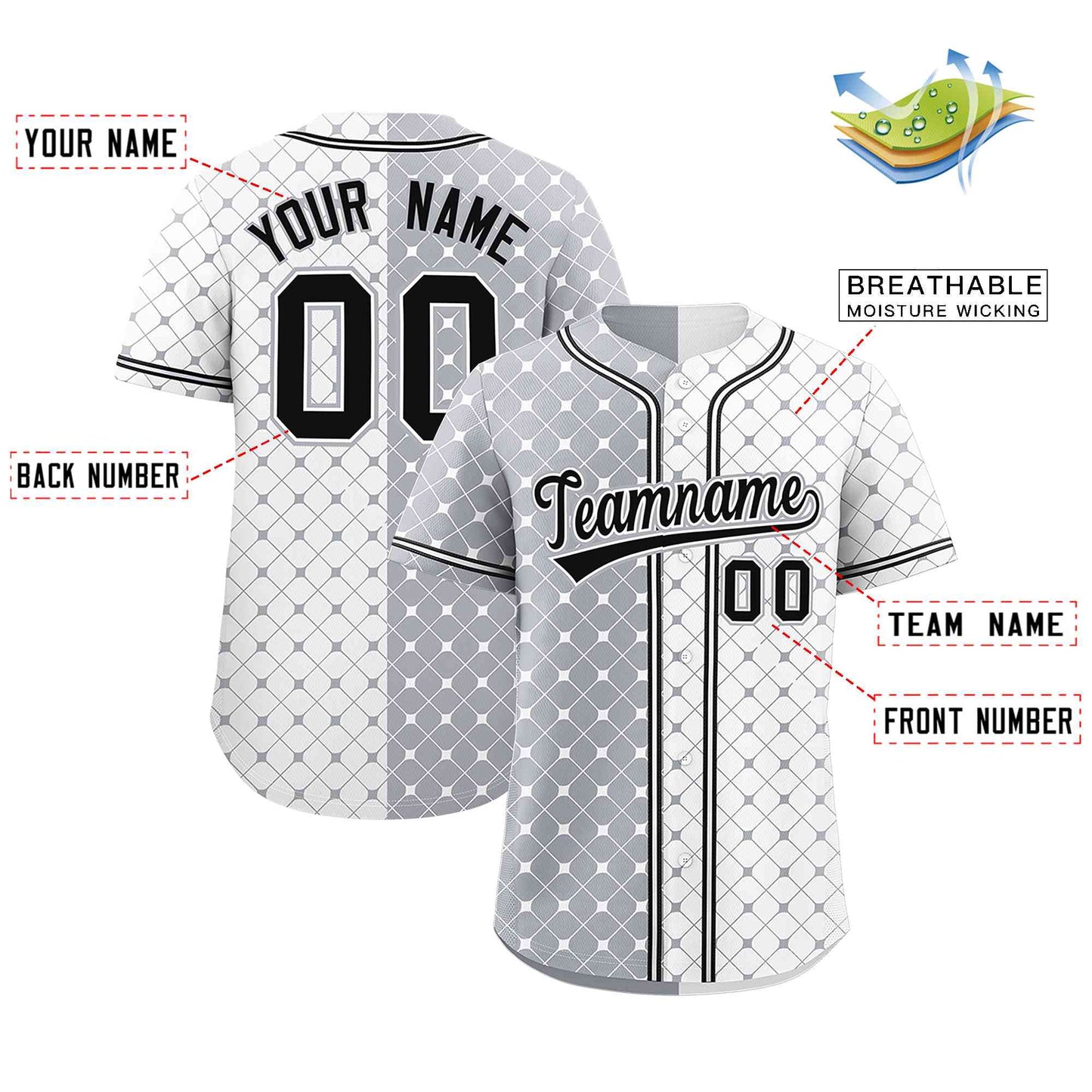 Custom Gray White Split Fashion Plaid Design Authentic Baseball Jersey Limited