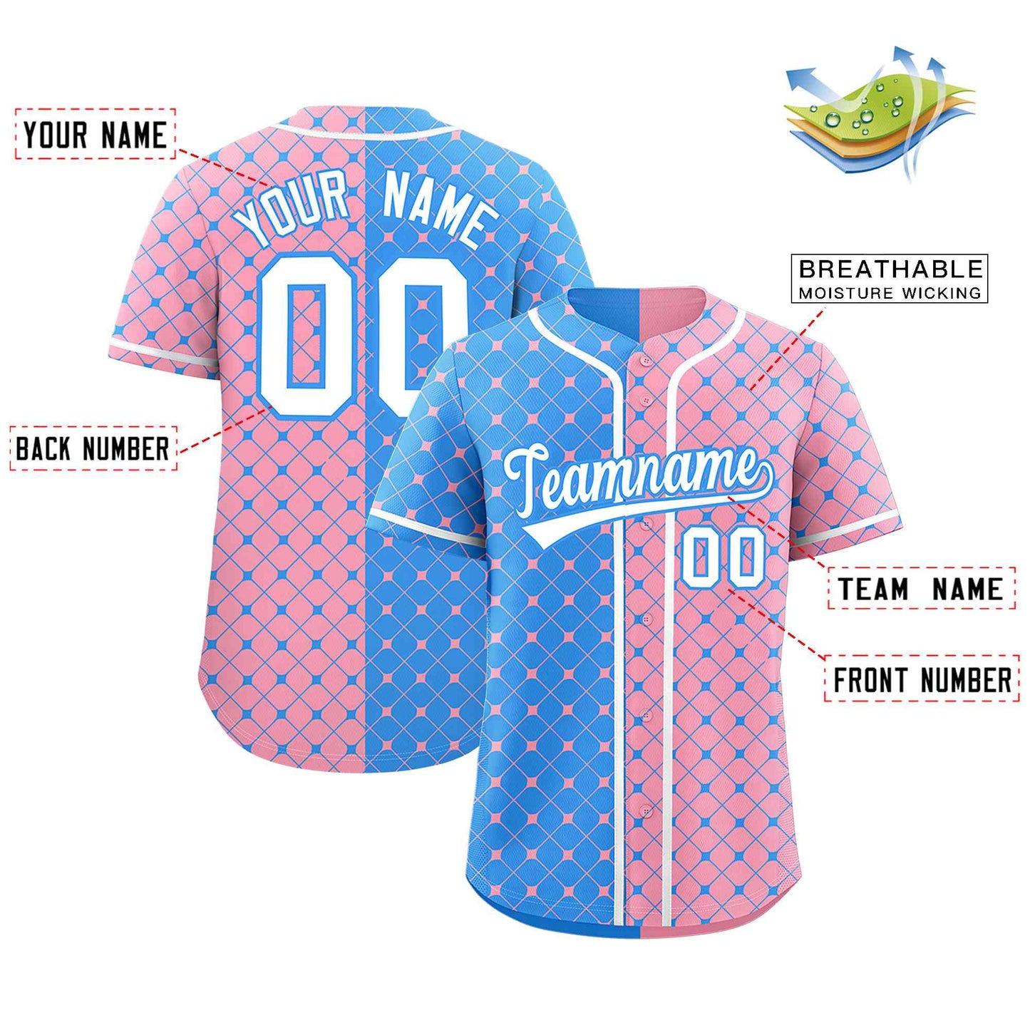 Custom Powder Blue Light Pink Split Fashion Plaid Design Authentic Baseball Jersey Limited