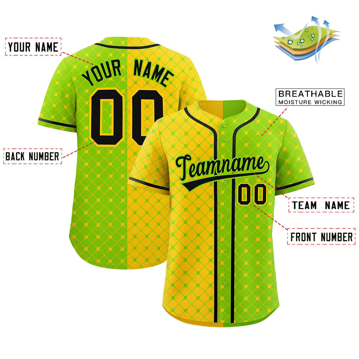 Custom Gold Neon Green Split Fashion Plaid Design Authentic Baseball Jersey Limited