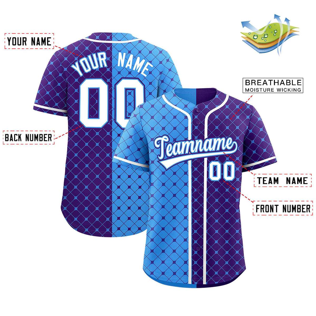 Custom Powder Blue Purple Split Fashion Plaid Design Authentic Baseball Jersey Limited