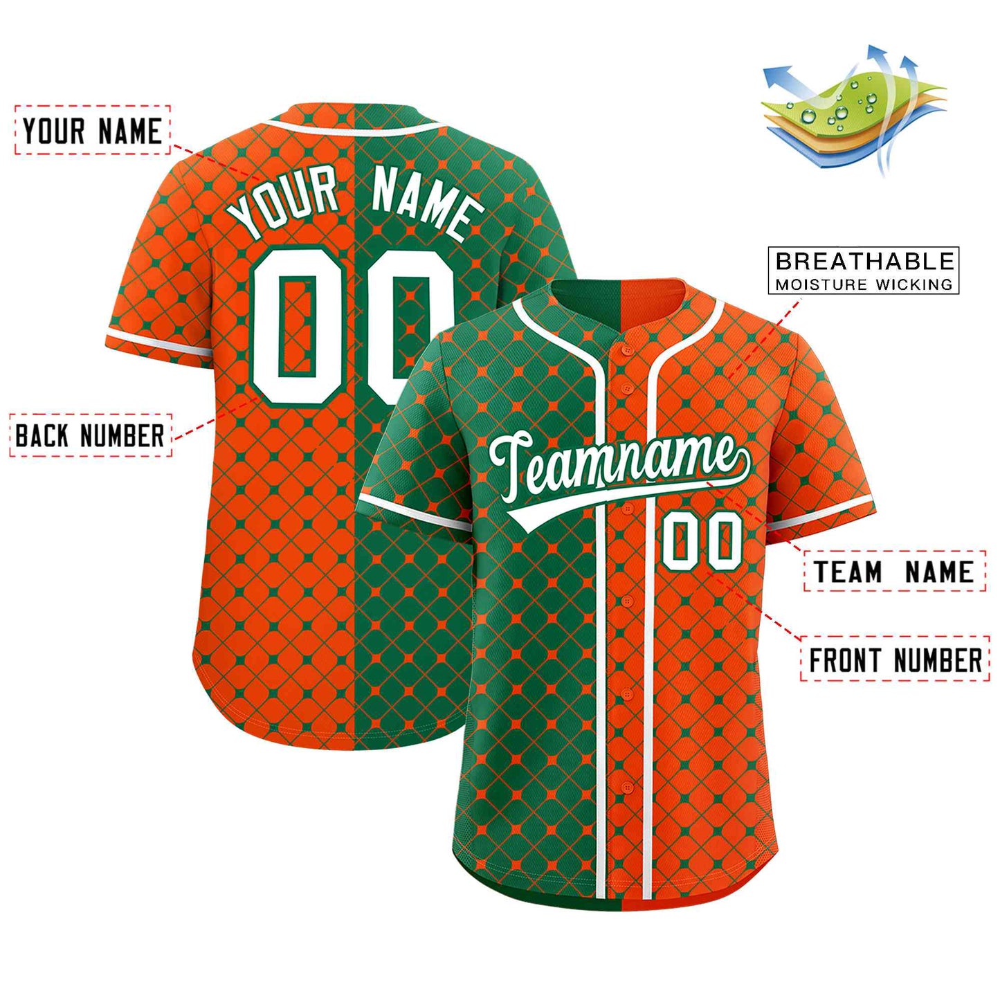 Custom Kelly Green Orange Split Fashion Plaid Design Authentic Baseball Jersey Limited