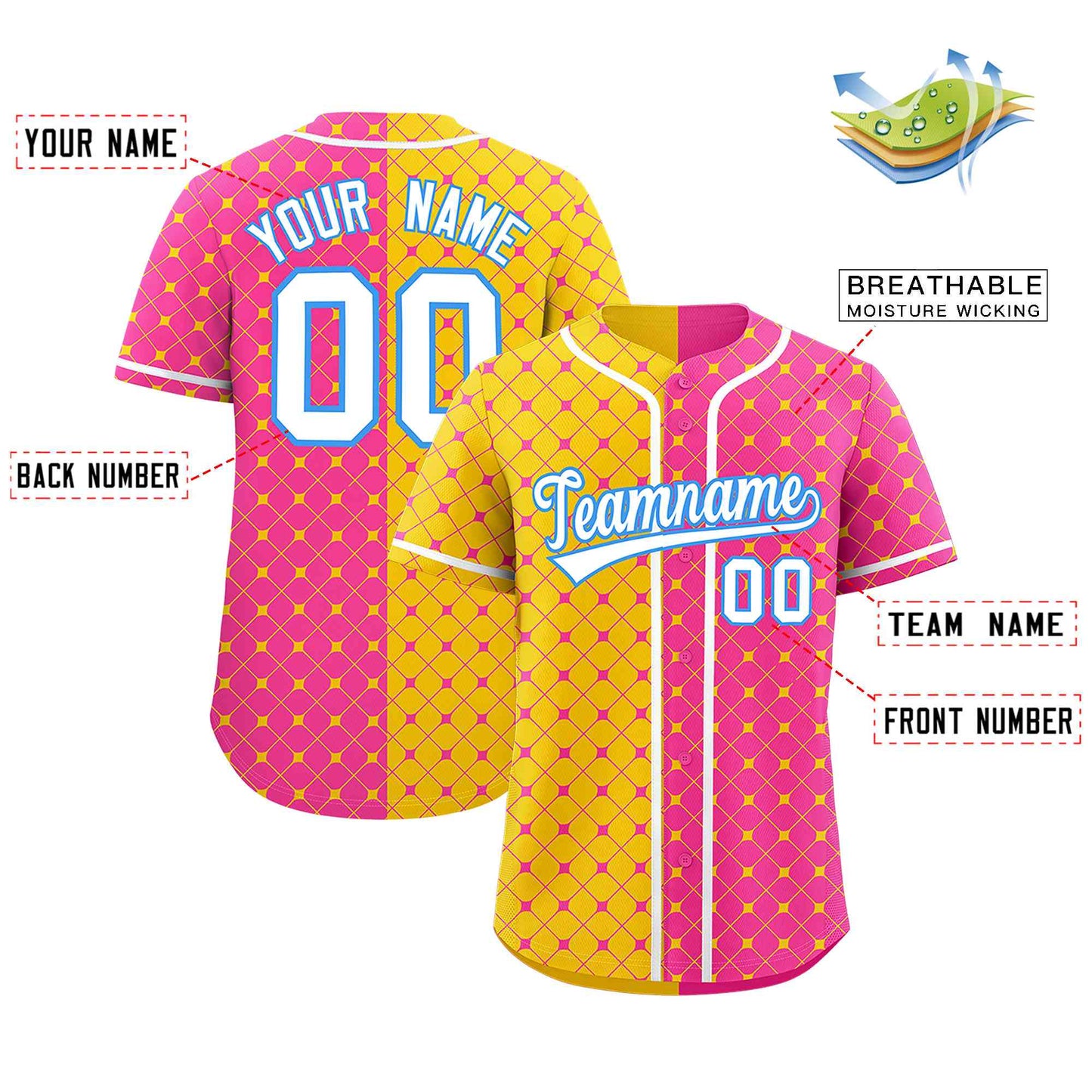 Custom Gold Pink Split Fashion Plaid Design Authentic Baseball Jersey Limited