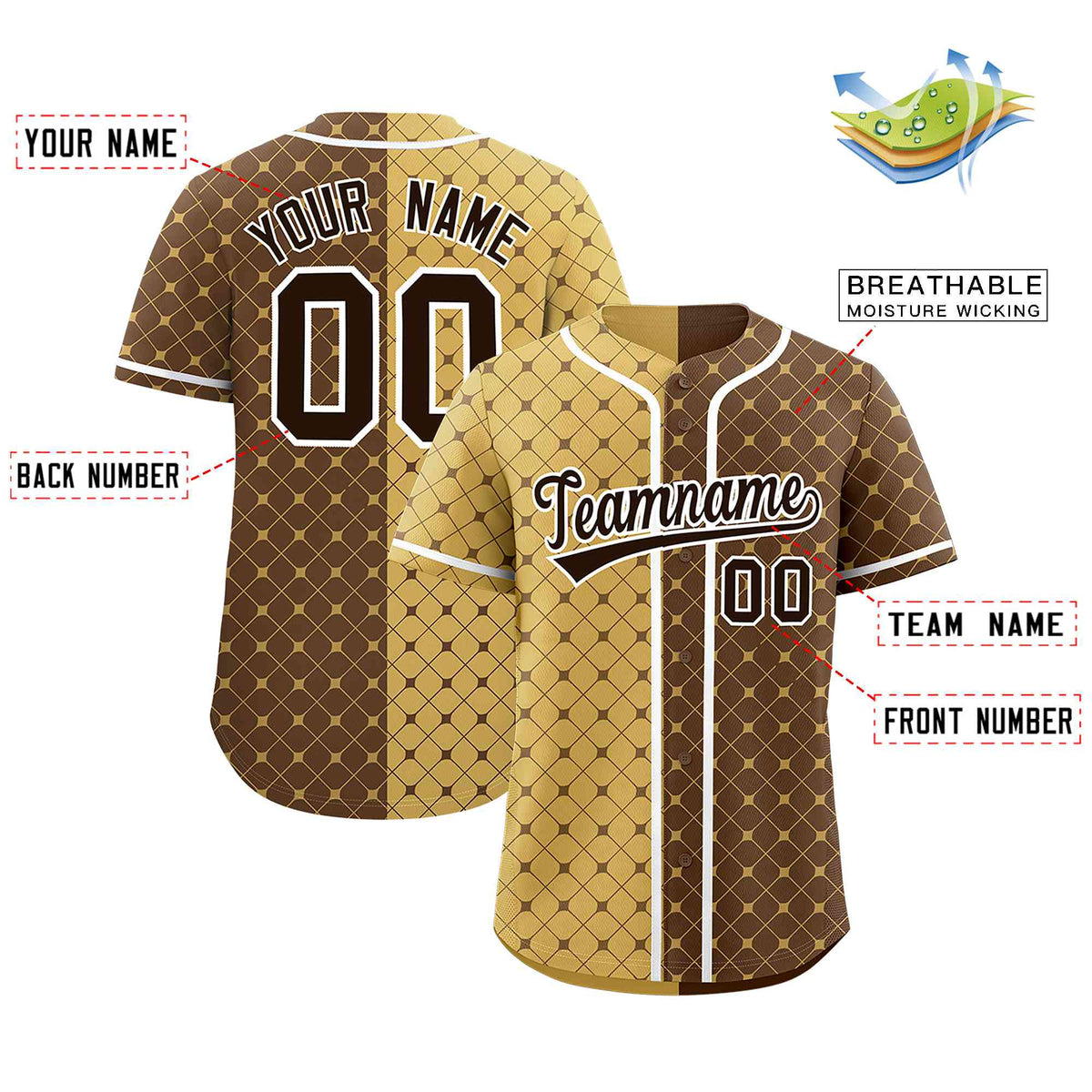Custom Old Gold Light Brown Split Fashion Plaid Design Authentic Baseball Jersey Limited