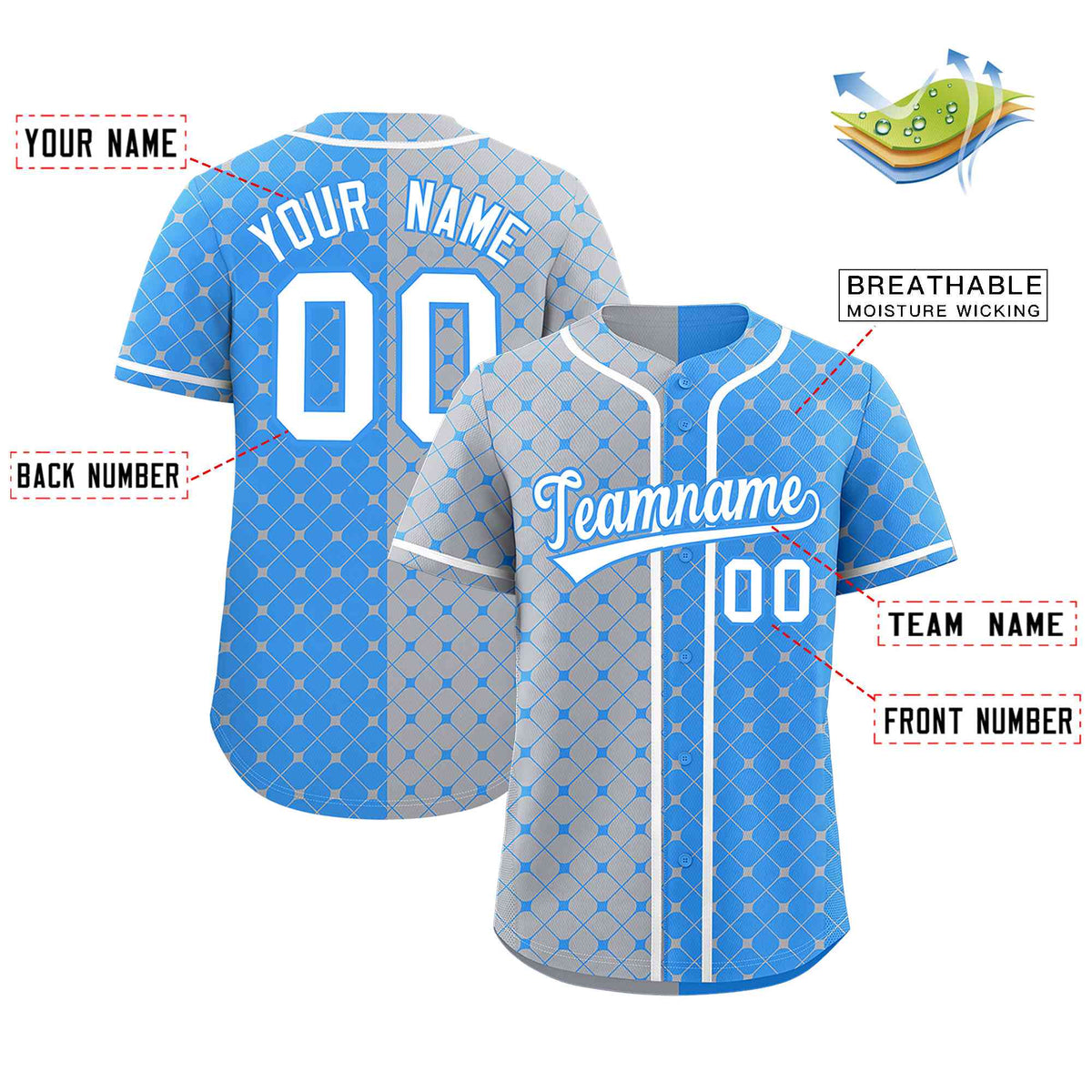 Custom Gray Powder Blue Split Fashion Plaid Design Authentic Baseball Jersey Limited