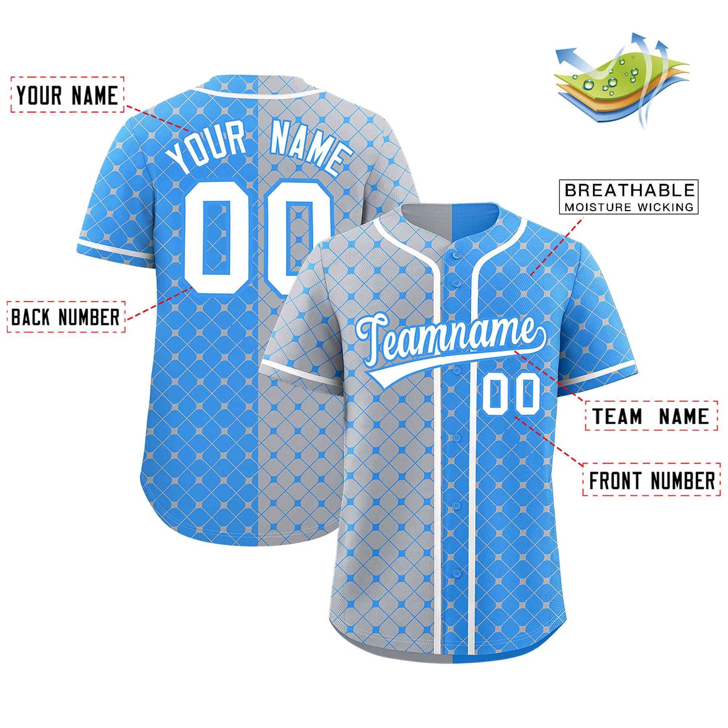 Custom Gray Powder Blue Split Fashion Plaid Design Authentic Baseball Jersey Limited
