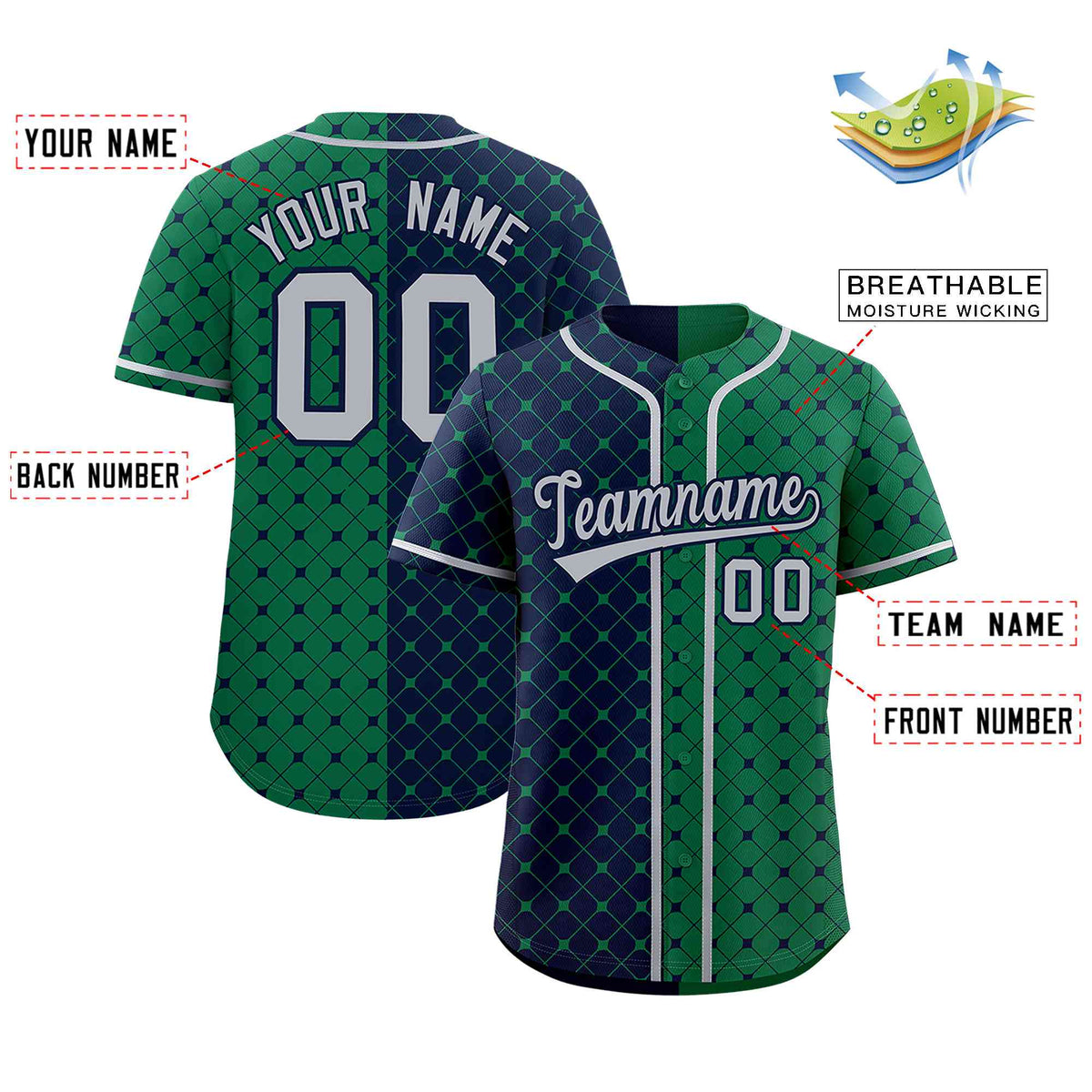 Custom Navy Kelly Green Split Fashion Plaid Design Authentic Baseball Jersey Limited