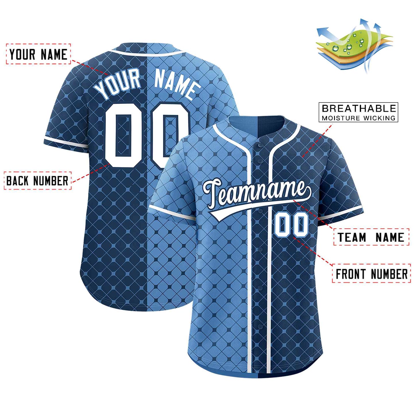 Custom Light Blue Midnight Blue Split Fashion Plaid Design Authentic Baseball Jersey Limited