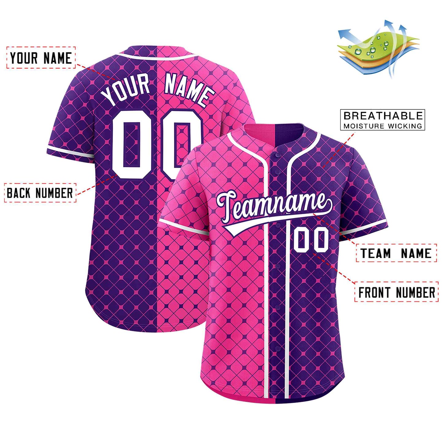 Custom Pink Purple Split Fashion Plaid Design Authentic Baseball Jersey Limited