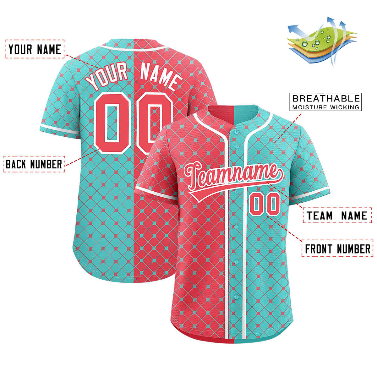 Custom Light Red Bright Green Split Fashion Plaid Design Authentic Baseball Jersey Limited