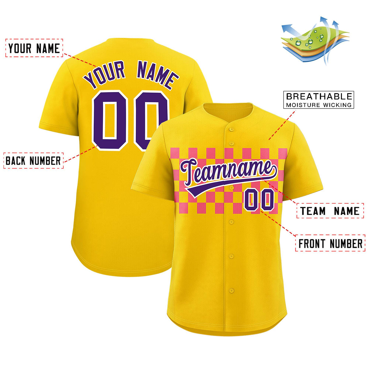 Custom Gold Pink Personalized Plaid Fashion Design Authentic Baseball Jersey Limited