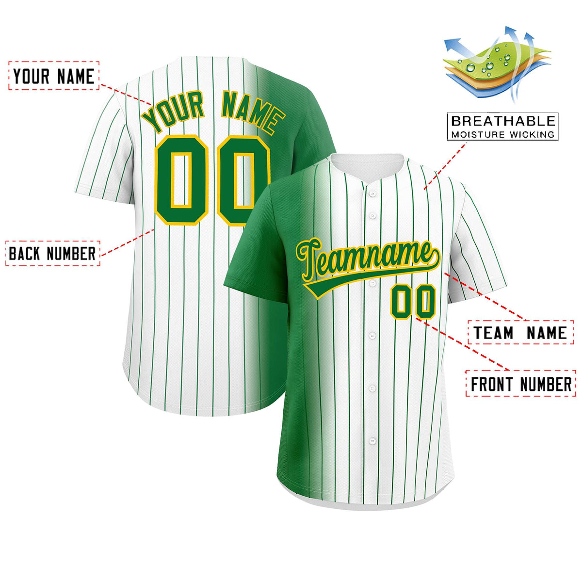 Custom White Kelly Green Pinstripe Personalized Gradient Authentic Baseball Jersey Limited