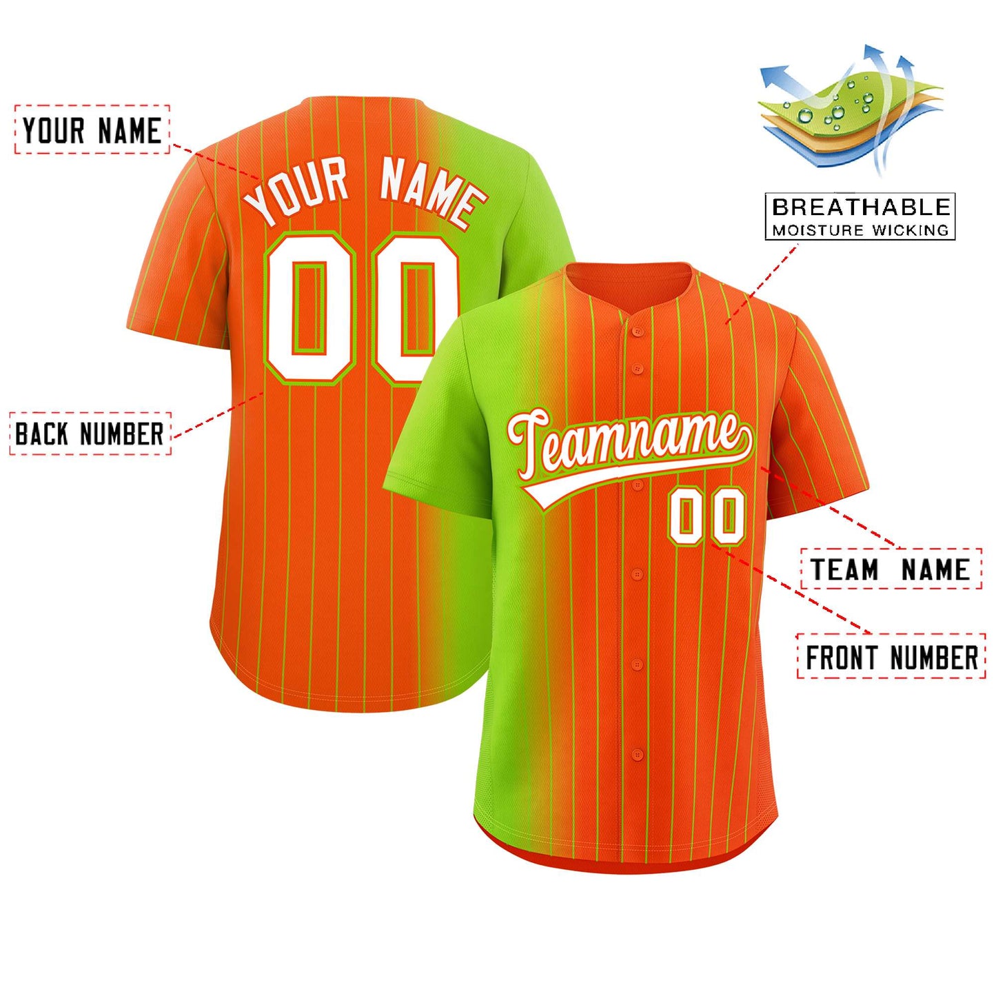 Custom Orange Neon Green Pinstripe Personalized Gradient Authentic Baseball Jersey Limited