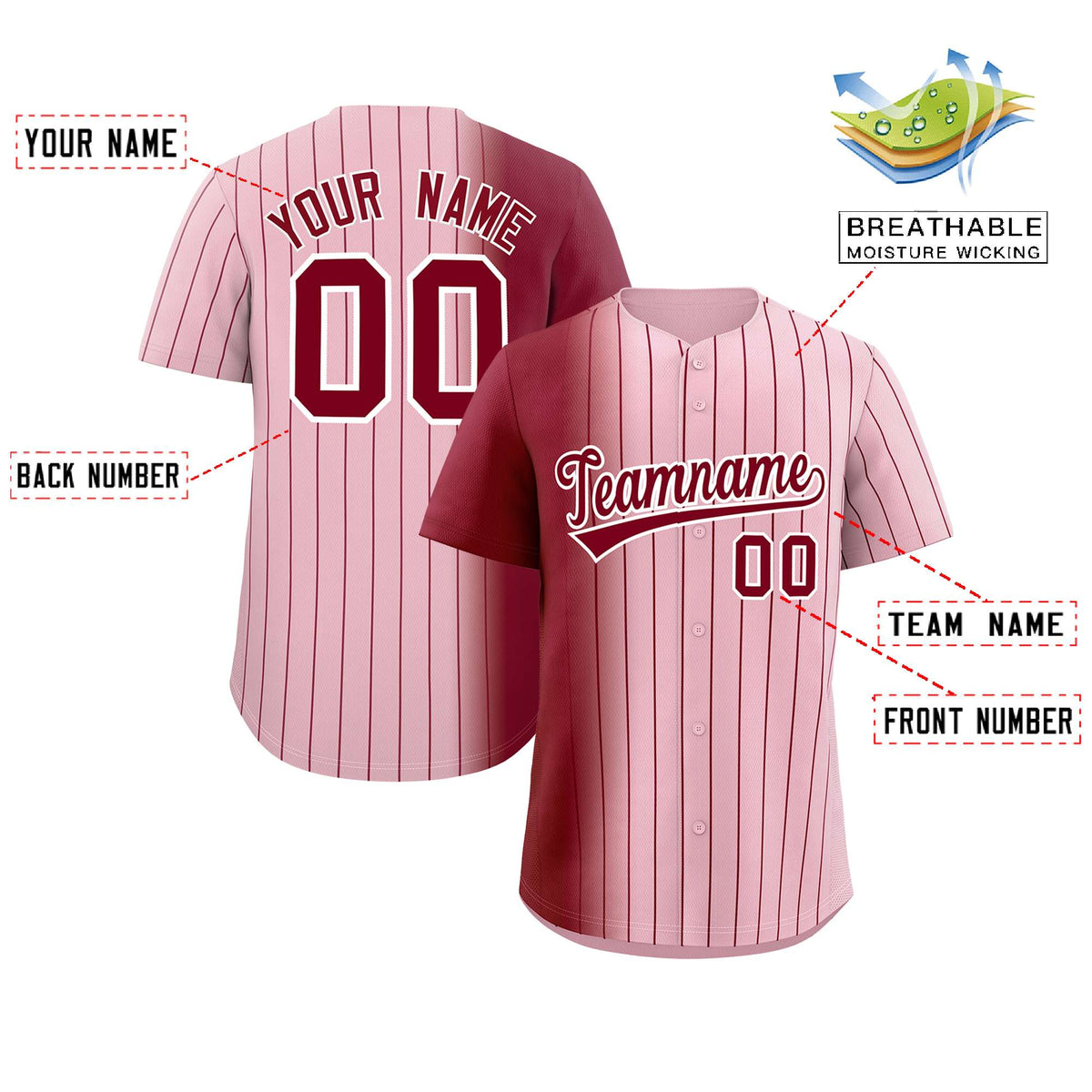Custom Light Pink Crimson Pinstripe Personalized Gradient Authentic Baseball Jersey Limited