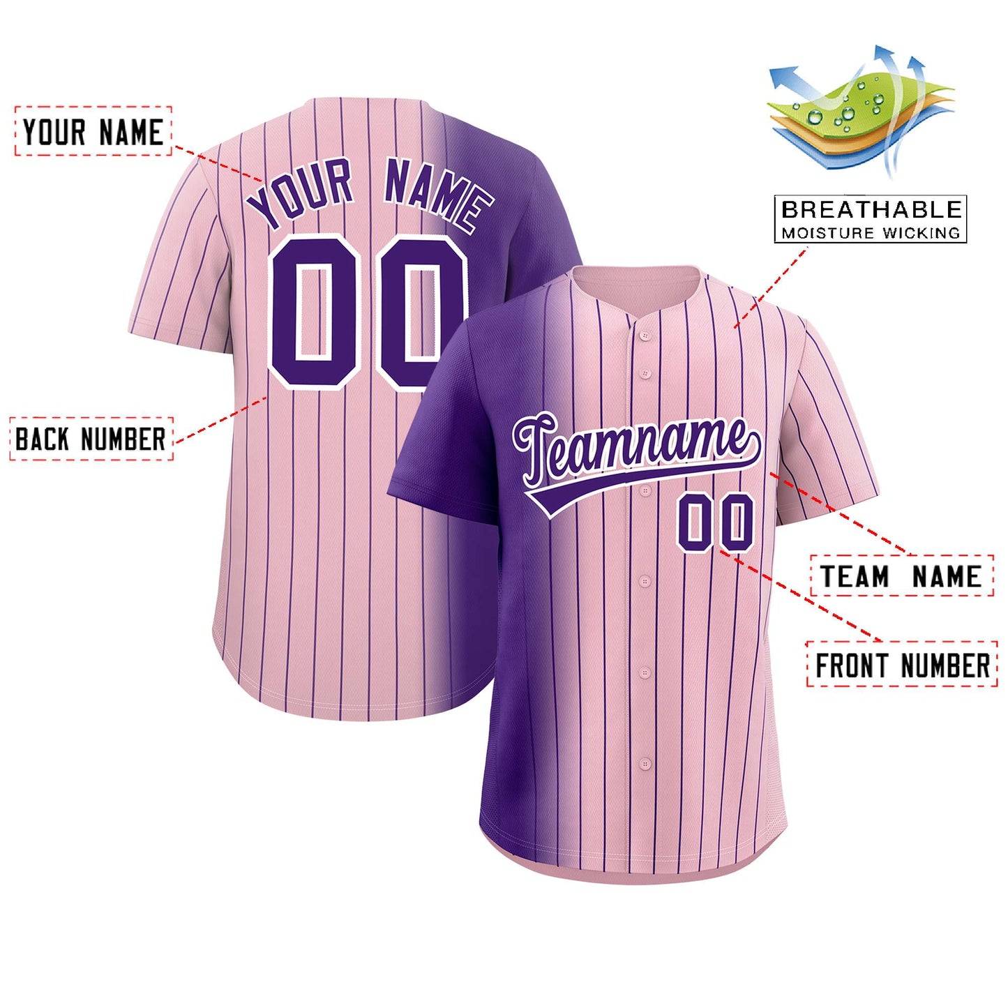 Custom Light Pink Purple Pinstripe Personalized Gradient Authentic Baseball Jersey Limited