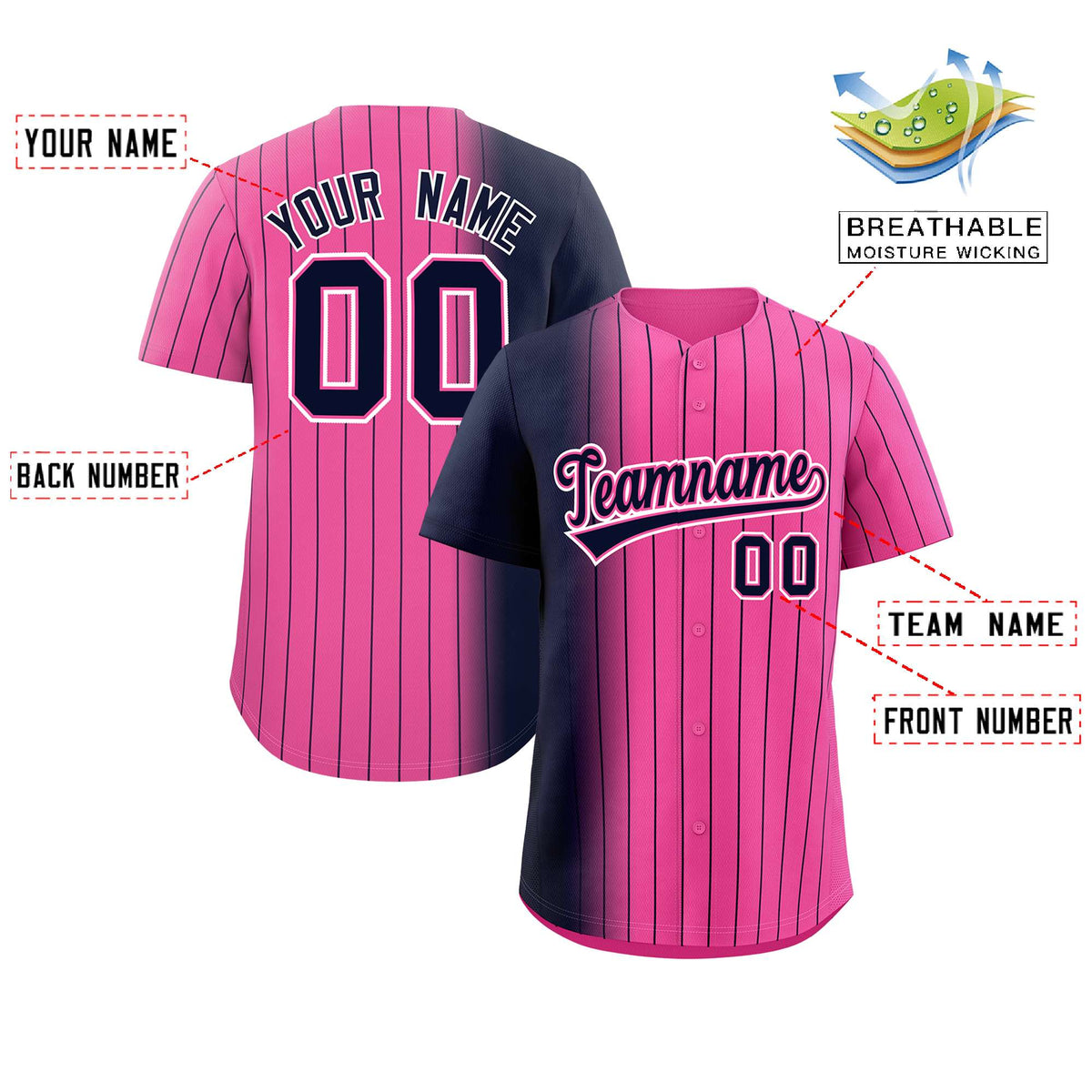 Custom Pink Navy Pinstripe Personalized Gradient Authentic Baseball Jersey Limited
