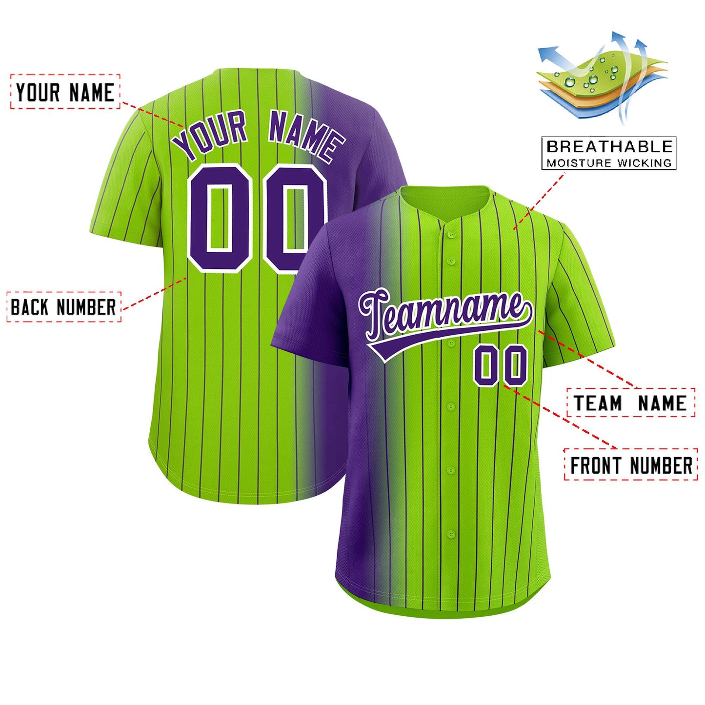 Custom Neon Green Purple Pinstripe Personalized Gradient Authentic Baseball Jersey Limited