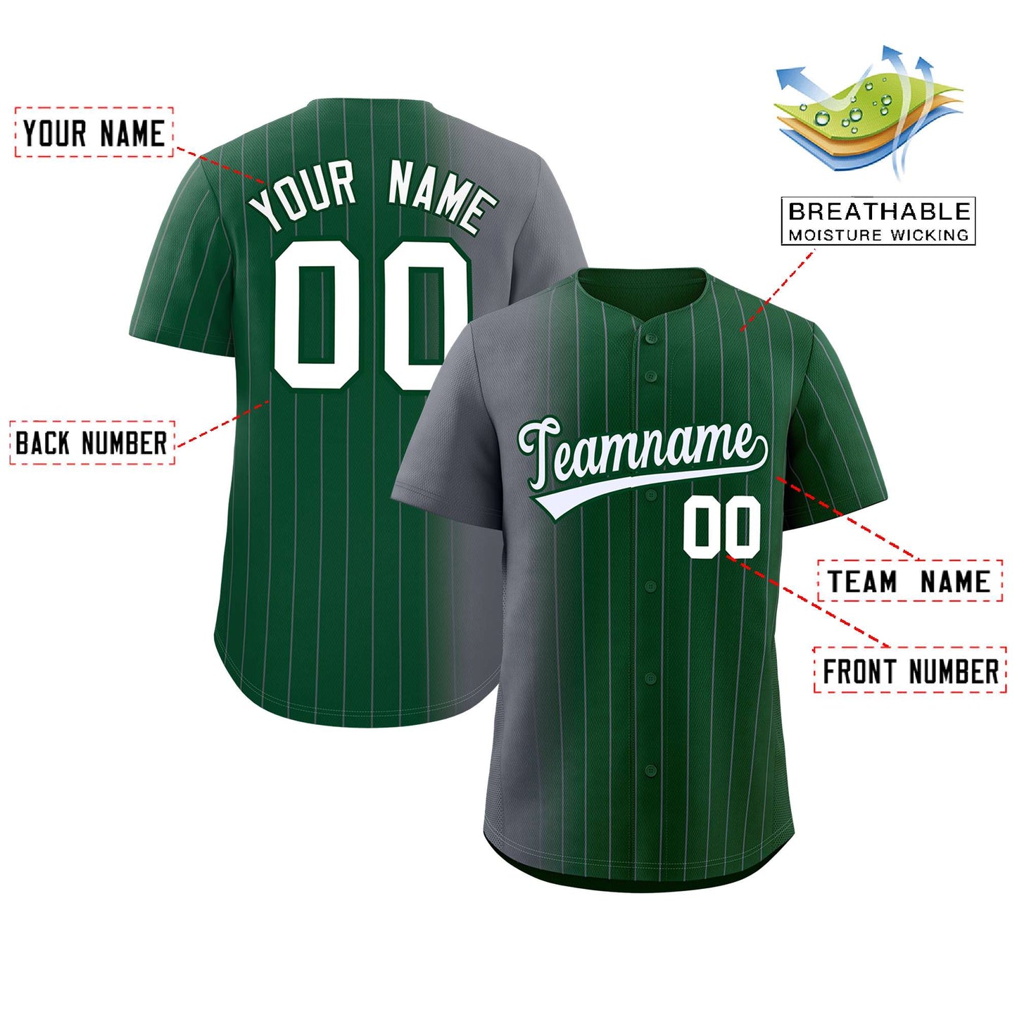 Custom Green Dark Gray Pinstripe Personalized Gradient Authentic Baseball Jersey Limited