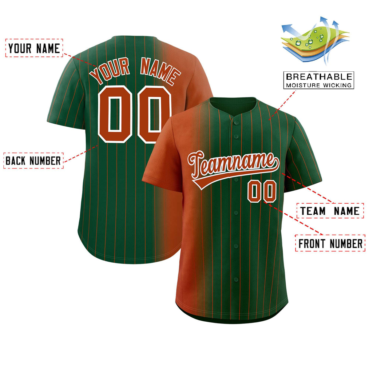 Custom Green Texas Orange Pinstripe Personalized Gradient Authentic Baseball Jersey Limited