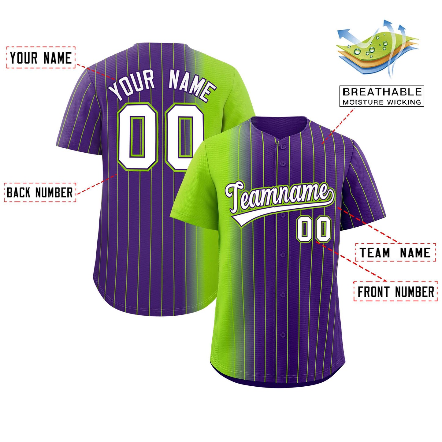 Custom Purple Neon Green Pinstripe Personalized Gradient Authentic Baseball Jersey Limited